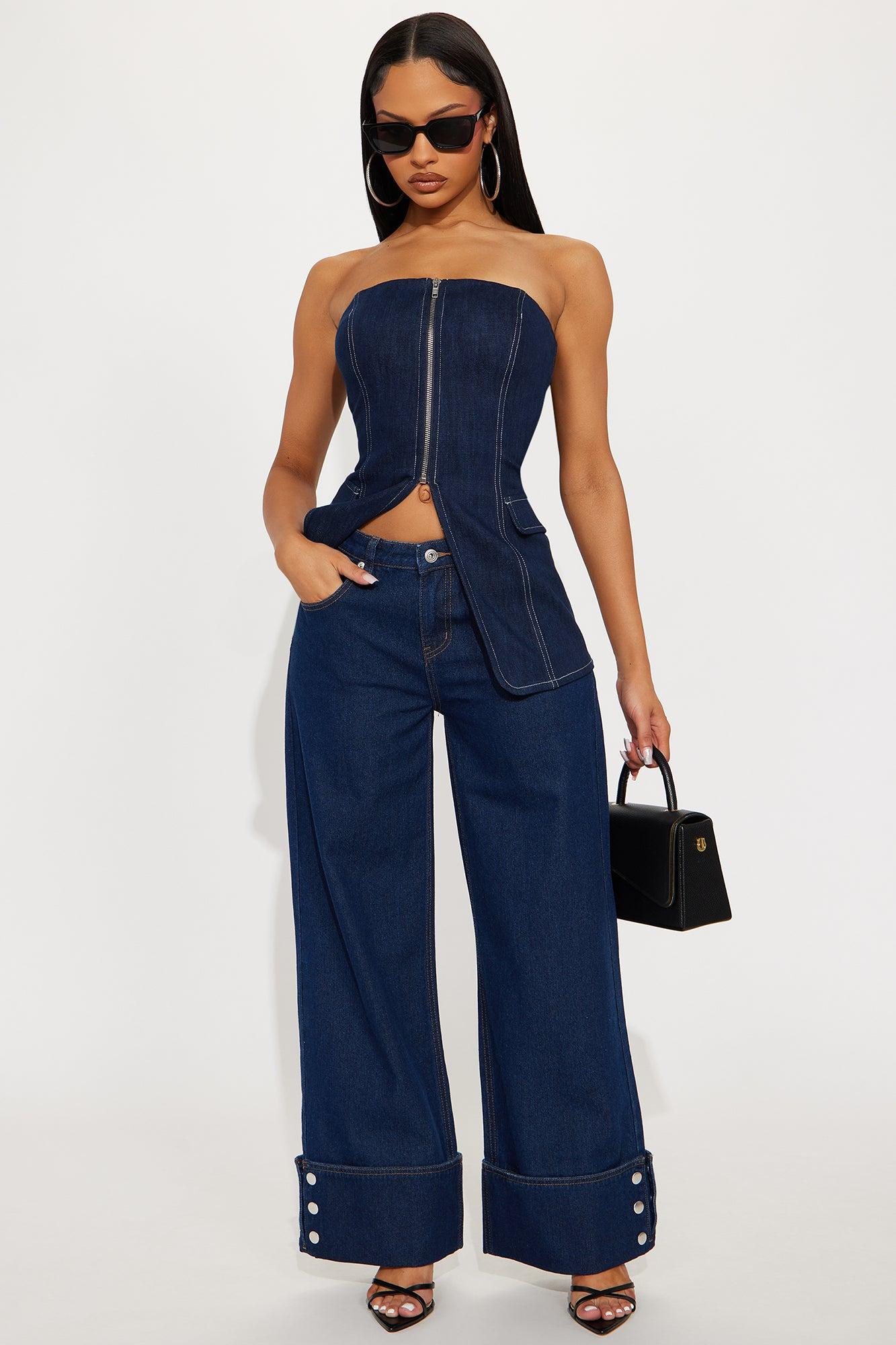 Rhythmically Cuffed Wide Leg Jeans - Dark Wash Product Image