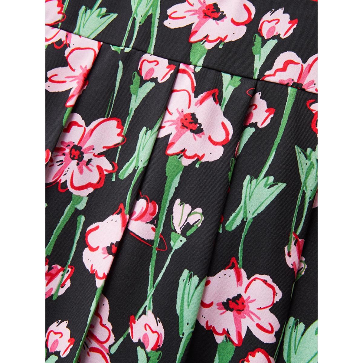 Plus Size Floral Print Shirred Pleated Midi Dress BlackFlower Women Overlap Collar Cap Sleeve Curvy BloomChic 28/5X Product Image