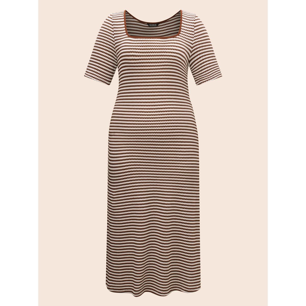 Plus Size Striped Textured Square Neck Midi Dress Browncoffeecolor Women Casual Texture Square Neck Short sleeve Curvy BloomChic 22-24/3X Product Image