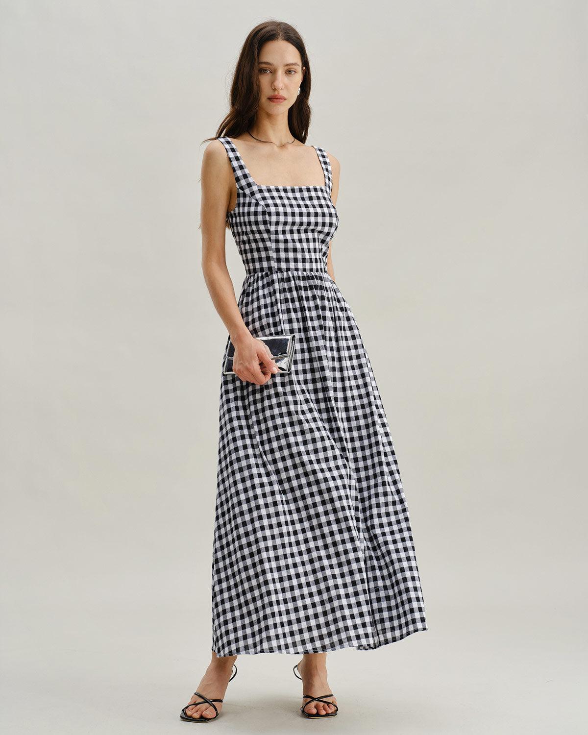 Black Plaid Square Neck Pocket Slip Maxi Dress Product Image