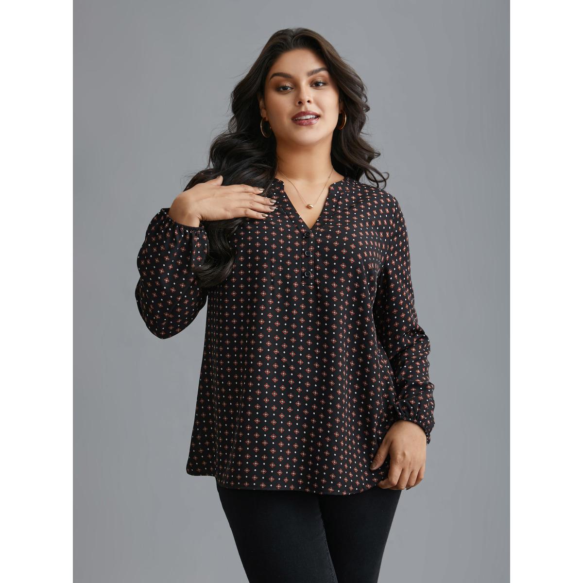 Plus Size Black Notched Geometric Button Up Blouse Women At the Office Extra Long Sleeve Notched collar Work Blouses BloomChic 12/L Product Image