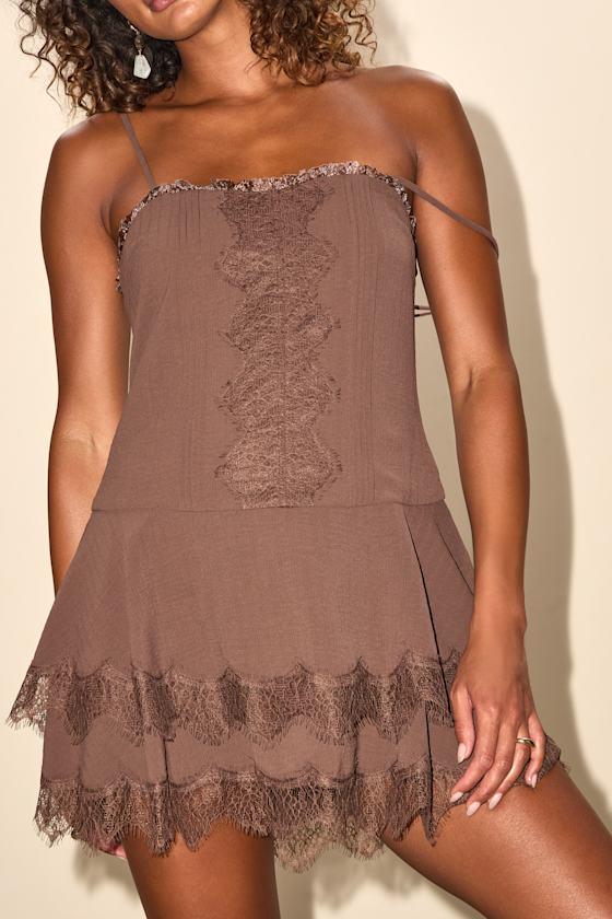Sahima Brown Lace Tiered Mini Dress Product Image