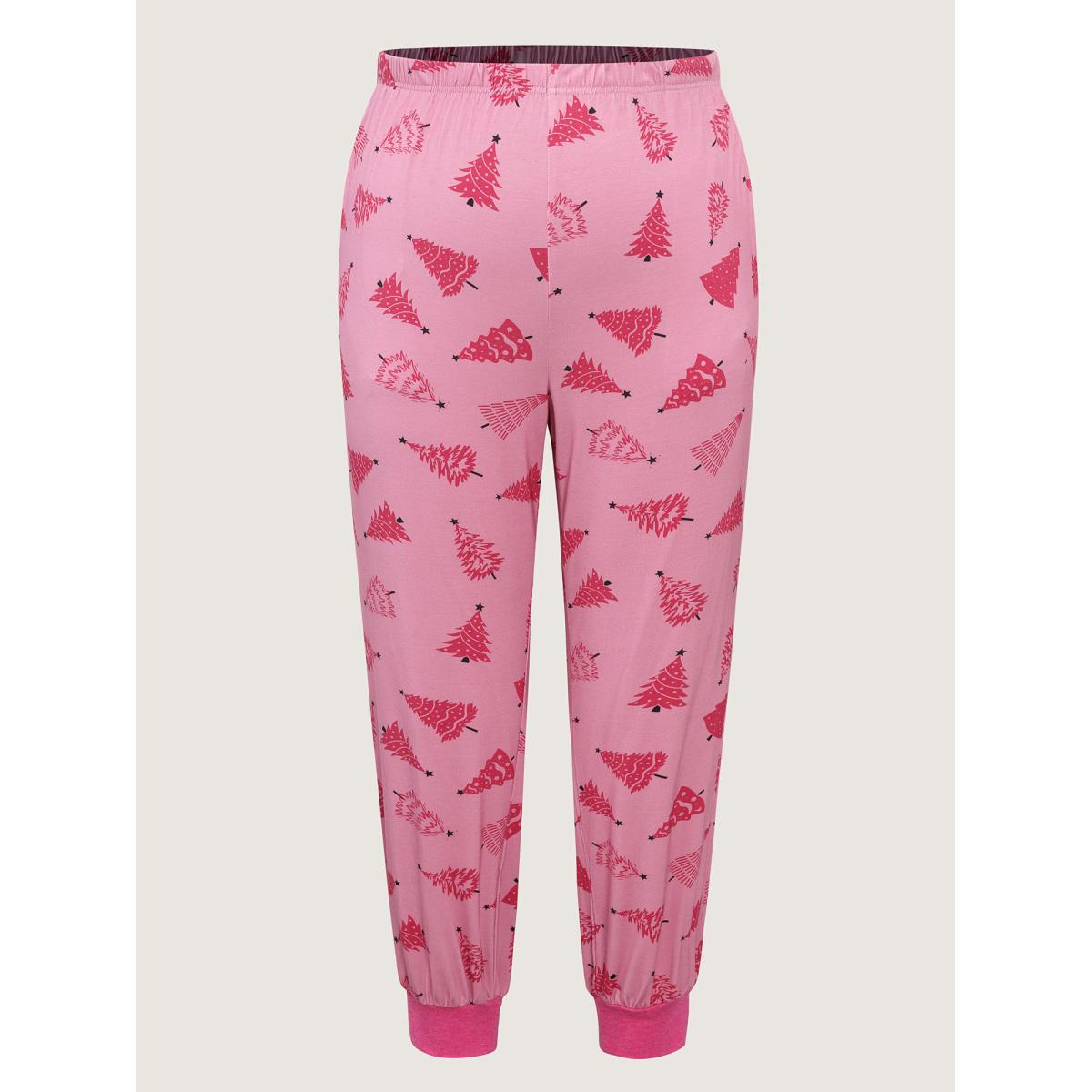 Plus Size Christmas Tree Buttons Loungewear Set Women Blush Christmas Contrast Extra Long Sleeve Flat collar with V-notch Loungewear Sets BloomChic 14-16/1X Product Image