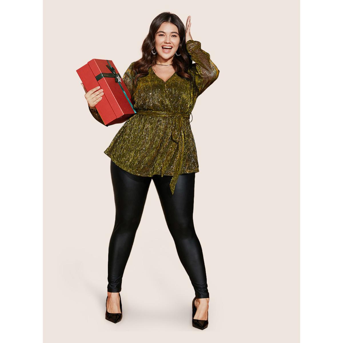 Plus Size Gold Sequin Mesh Lantern Sleeve Wrap Belted Striped Blouse Women Party&Cocktail Long Sleeve Overlap Collar Party Blouses BloomChic 26/4X Product Image