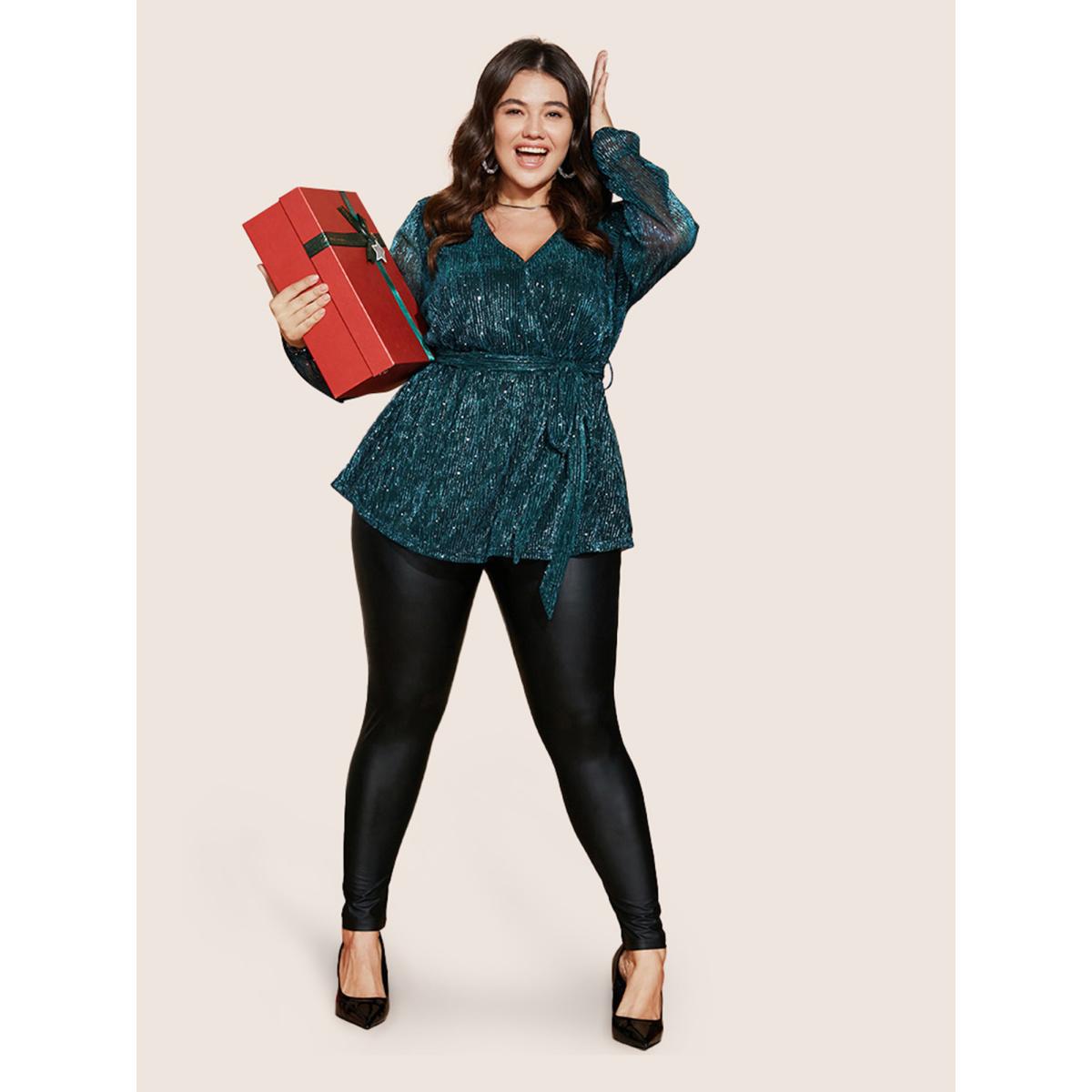 Plus Size Aegean Sequin Mesh Lantern Sleeve Wrap Belted Striped Blouse Women Party&Cocktail Long Sleeve Overlap Collar Party Blouses BloomChic 22-24/3X Product Image