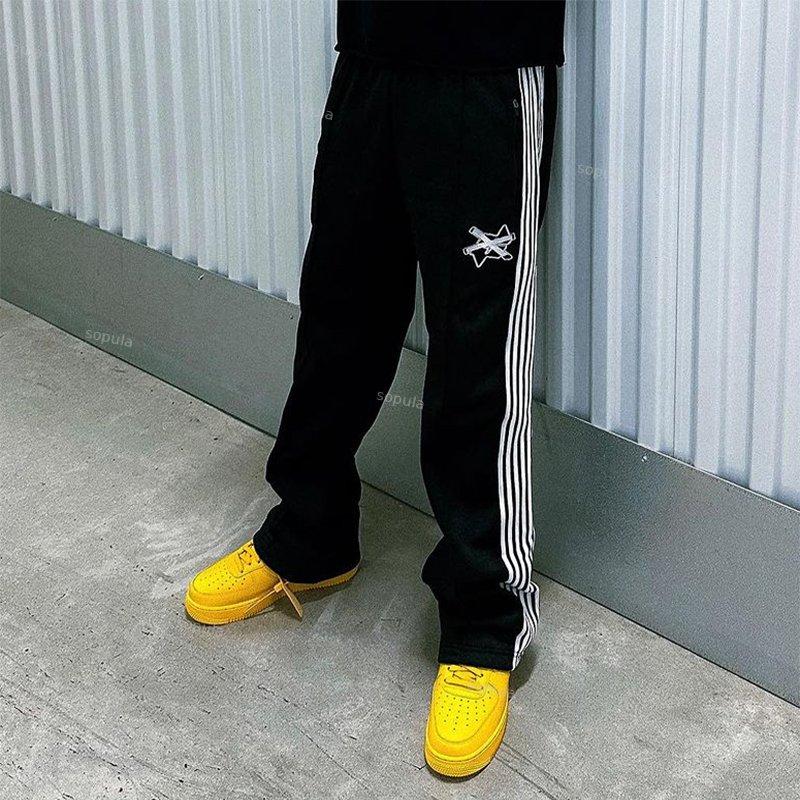 Black Strips Basic Street Print Flared Sweats Trousers Product Image