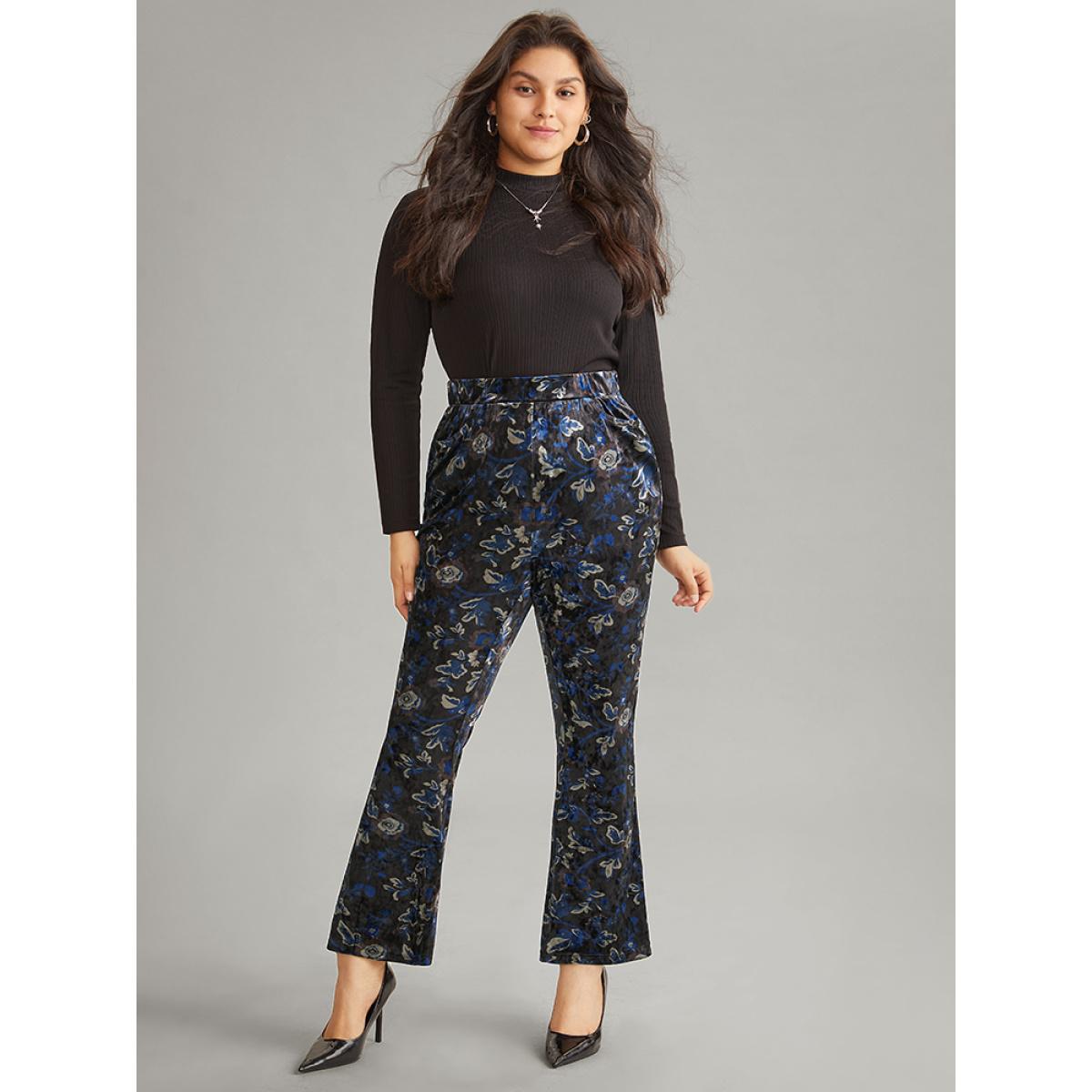 Plus Size Velvet Floral Elastic Waist High Rise Bootcut Pants Women Black Elegant Bootcut High Rise Dailywear Pants BloomChic 22-24/3X Product Image