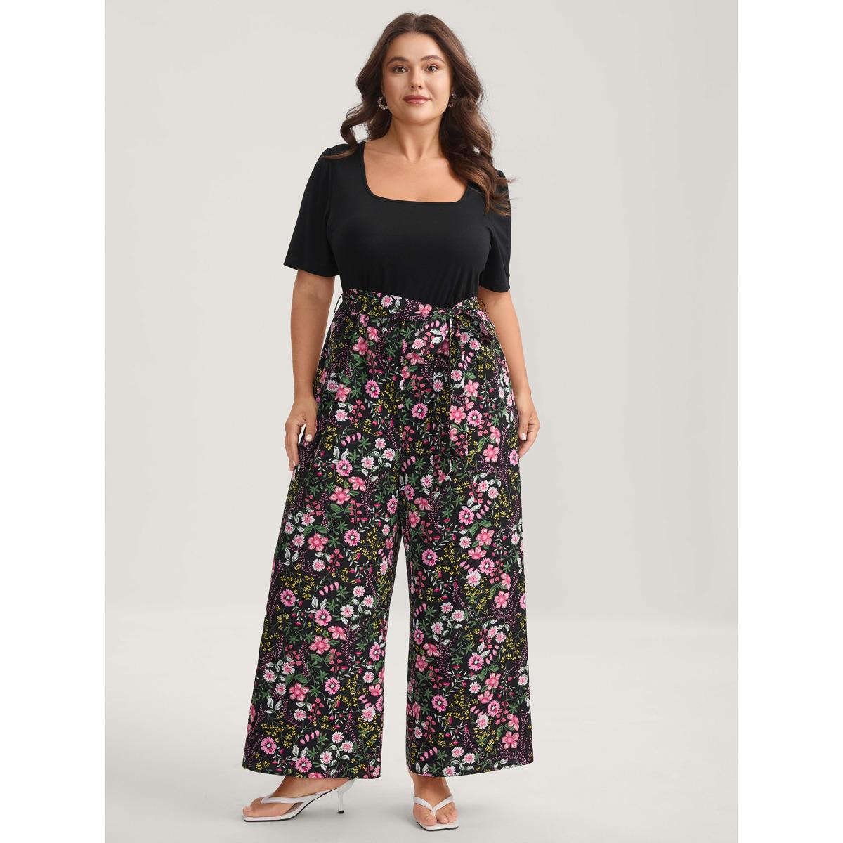 Plus Size BlackFlower Color Contrast Belted Panel Pockets Jumpsuit Women Timeless Short sleeve Square Neck Elegant Loose Jumpsuits BloomChic 18-20/2X Product Image