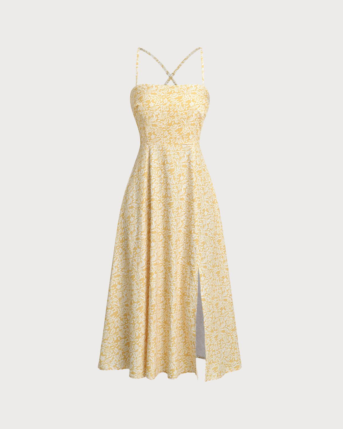 Yellow Floral Backless Slip Midi Dress Product Image