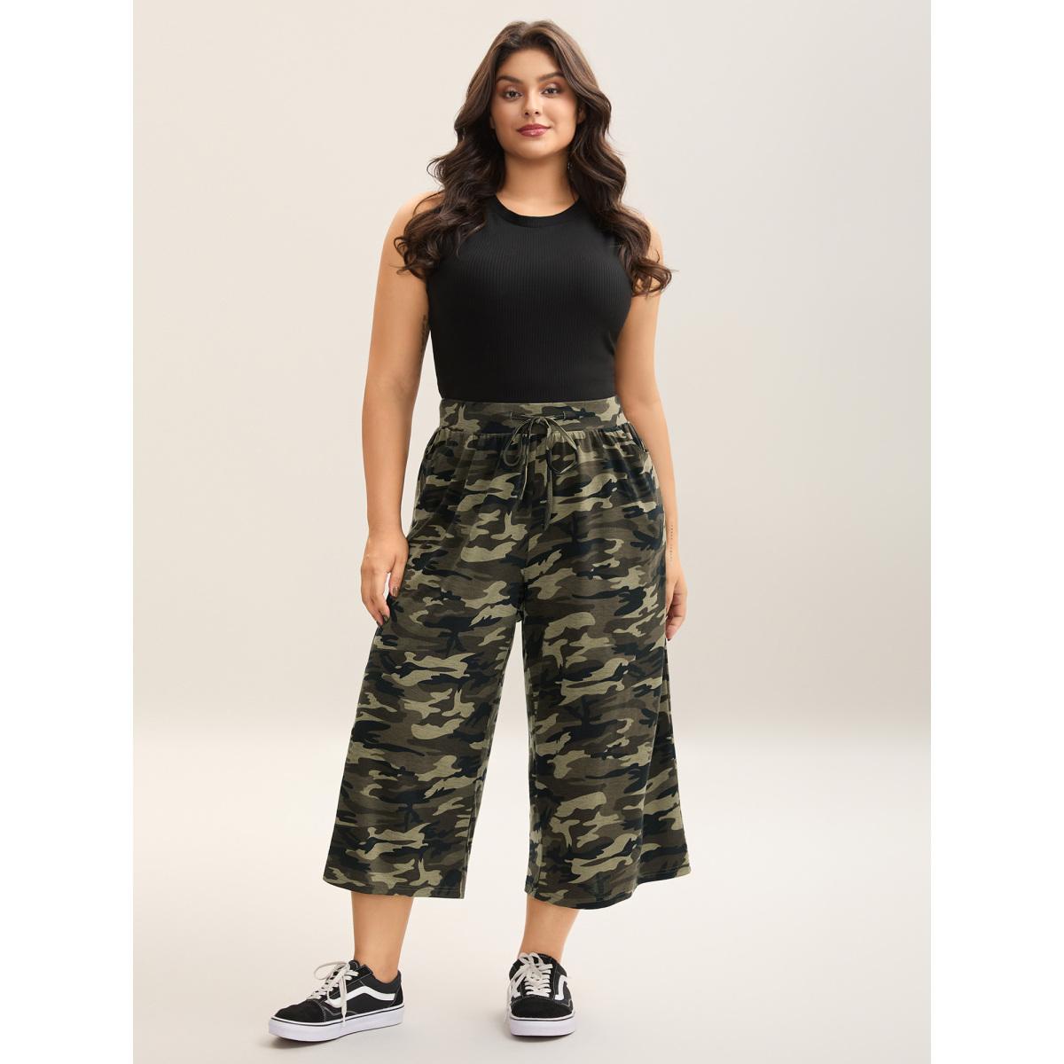 Plus Size Camouflage Print Tie-Waist Wide-Leg Pants Women ArmyGreen Casual Wide Leg Mid Rise Everyday-Casual Pants BloomChic 18-20/2X Product Image