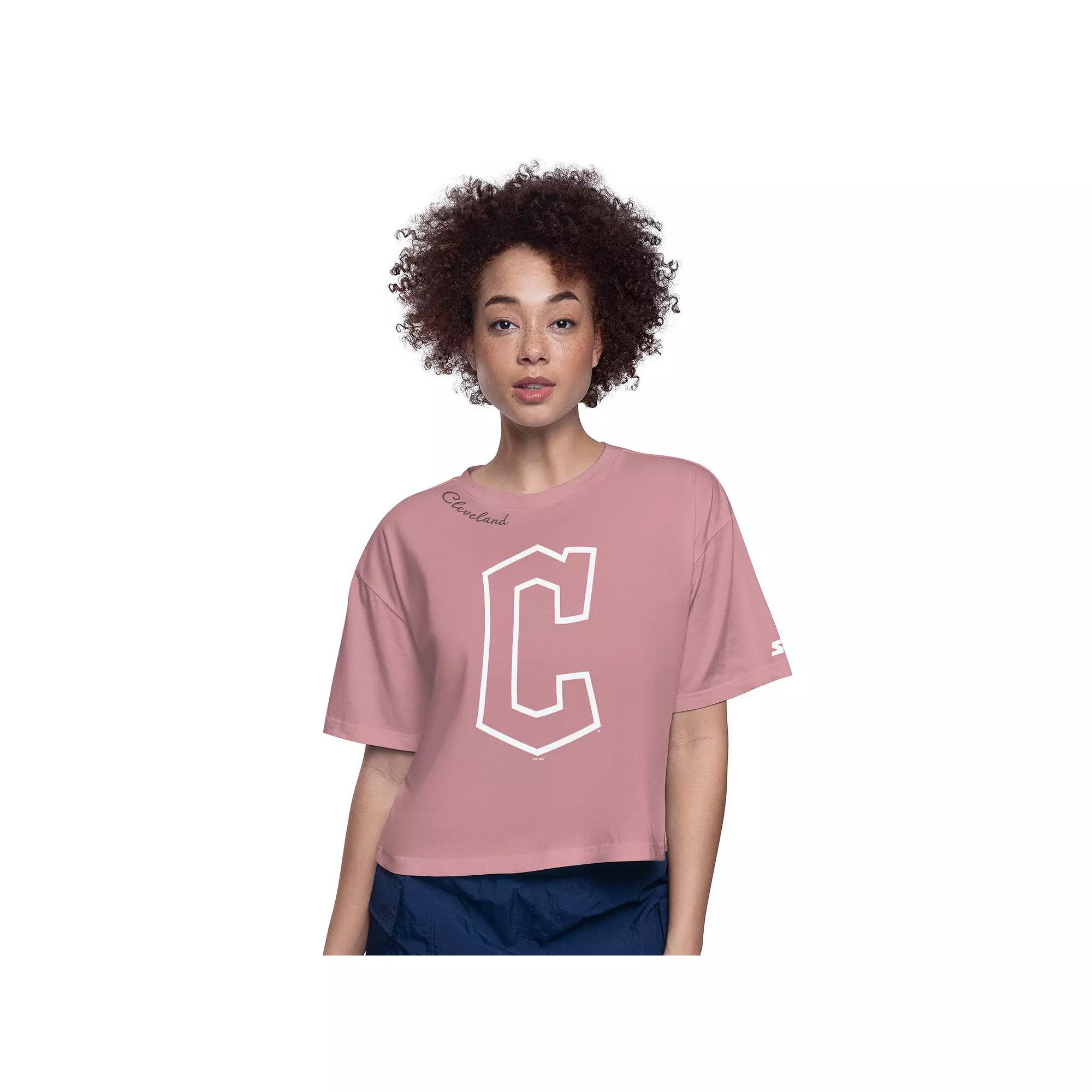 Women's Starter Pink Cleveland Guardians Play the Ball Boxy Cropped T-Shirt,  Product Image