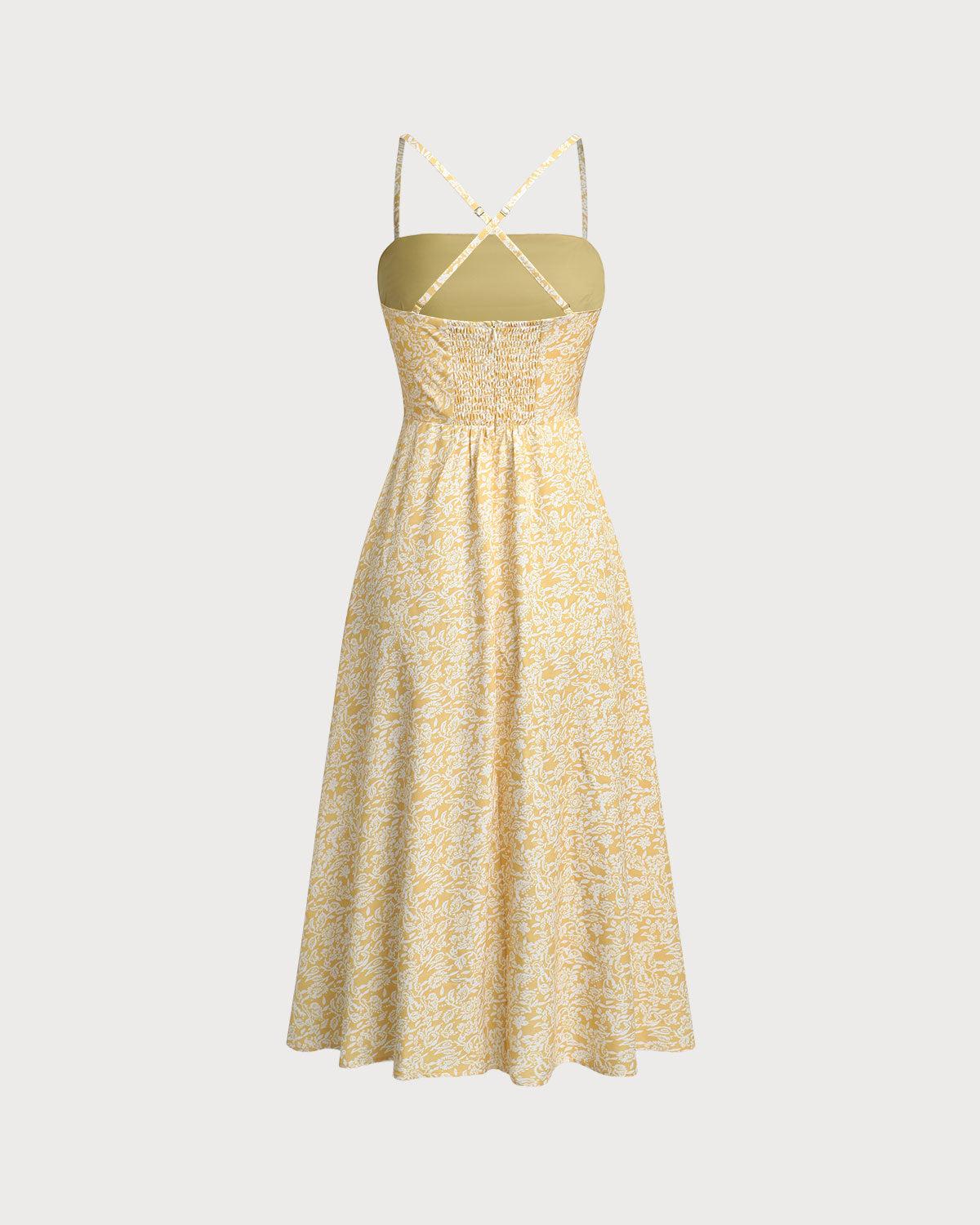 Yellow Floral Backless Slip Midi Dress Product Image
