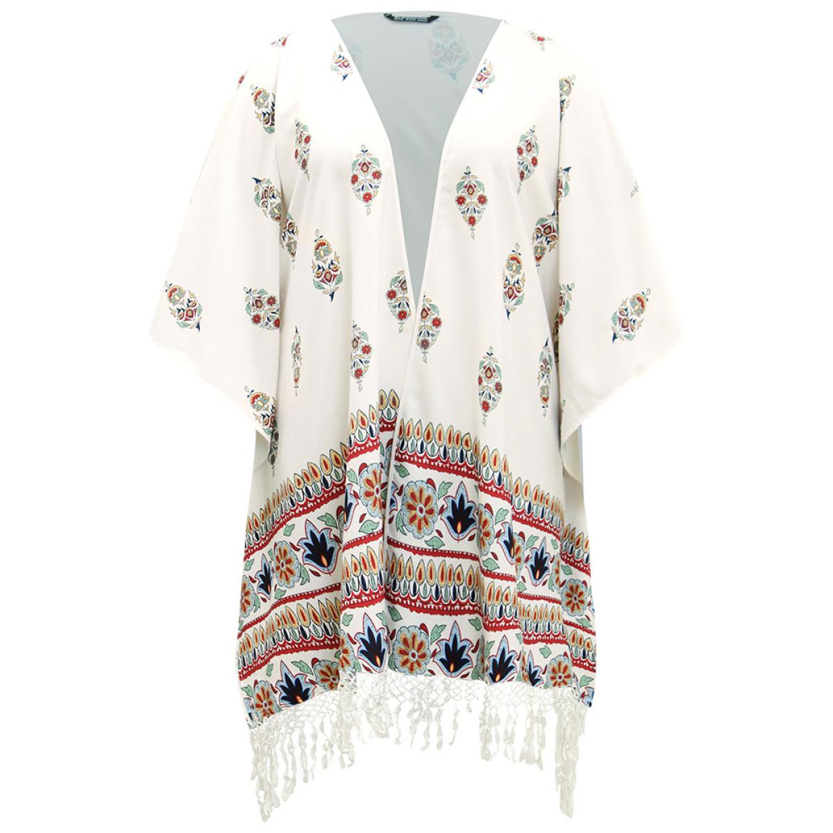 Plus Size Boho Print Asymmetrical Hem Tassel Trim Drape Kimono Women Ivory Casual Drape Loose Dailywear Kimonos BloomChic 30/6X Product Image