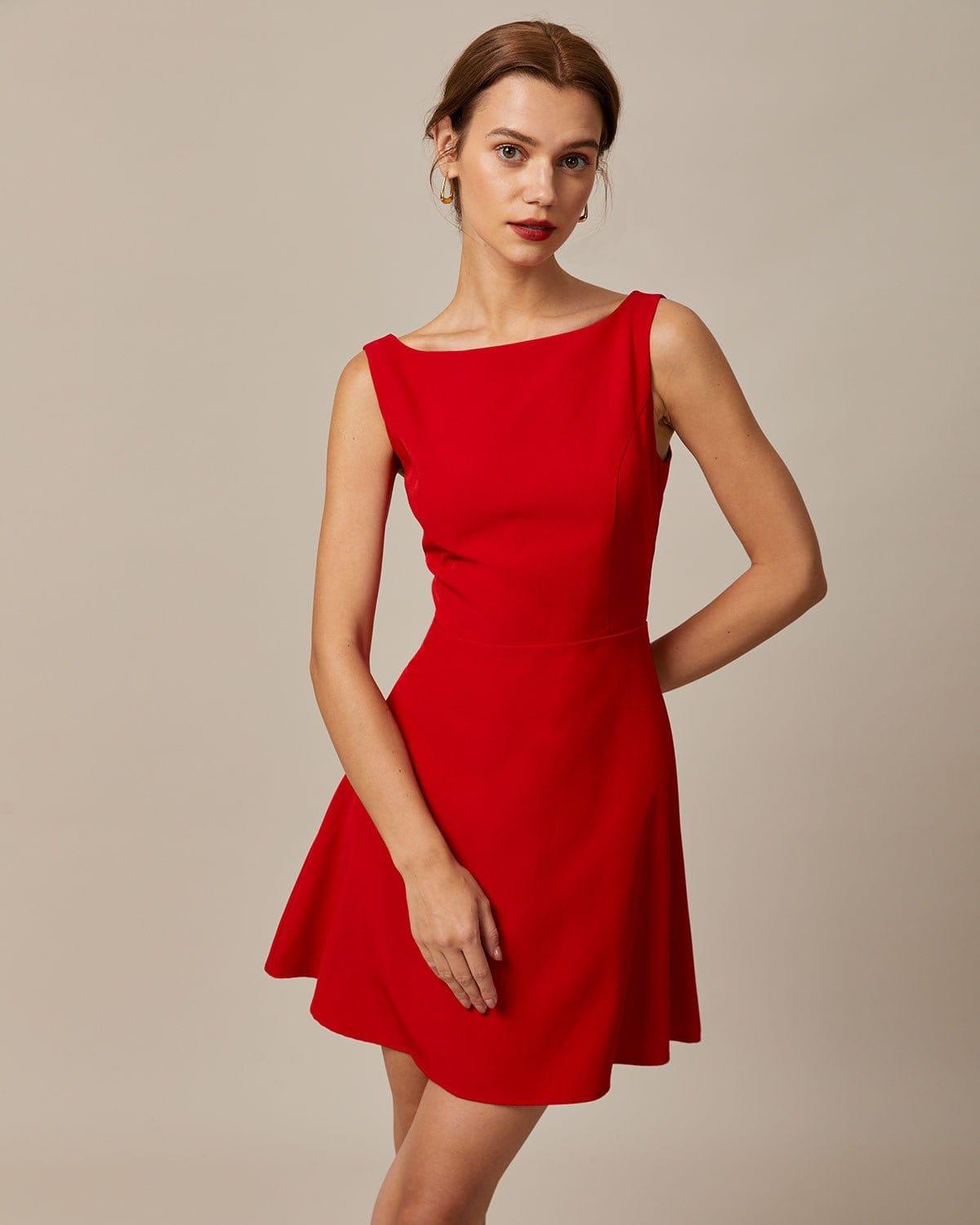 The Red Boat Neck High Waisted Mini Dress Product Image