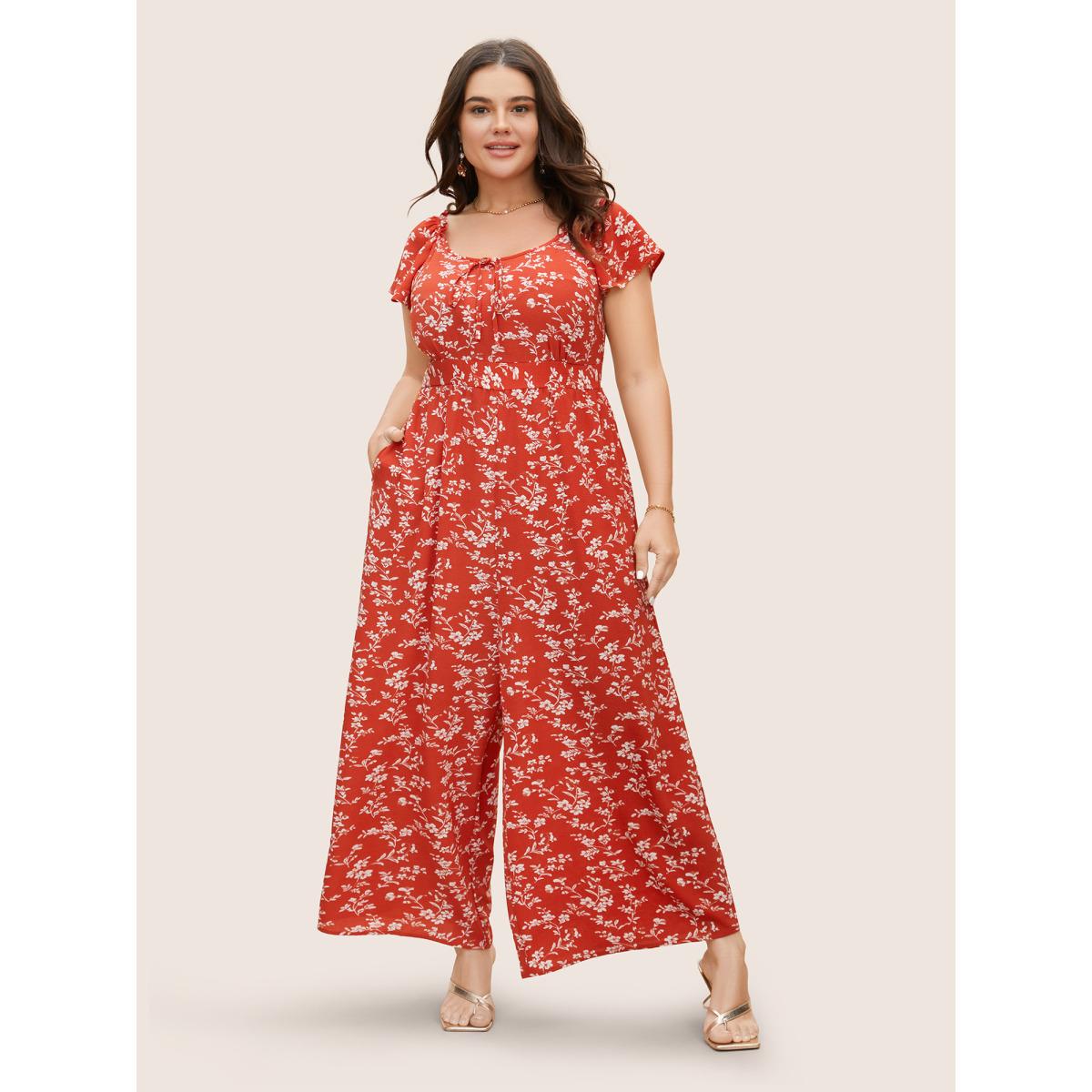 Plus Size Rust Crew Neck Ditsy Floral Tie Knot Jumpsuit Women Elegant Cap Sleeve Round Neck Everyday Loose Jumpsuits BloomChic 14-16/1X Product Image