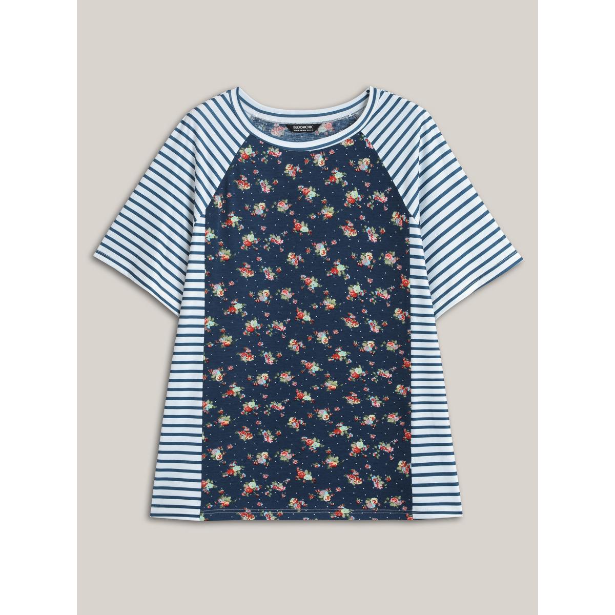 Plus Size Floral Stripes Raglan Sleeve T-Shirt Indigo Women Contrast Round Neck Everyday-Casual T-shirts BloomChic 10/M Product Image