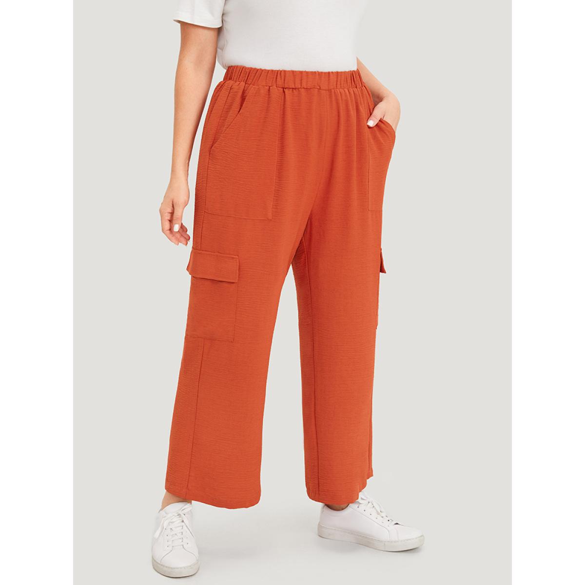 Plus Size Solid Flap Pocket High Rise Pants Women Rust Casual Straight Leg High Rise Dailywear Pants BloomChic 26/4X Product Image