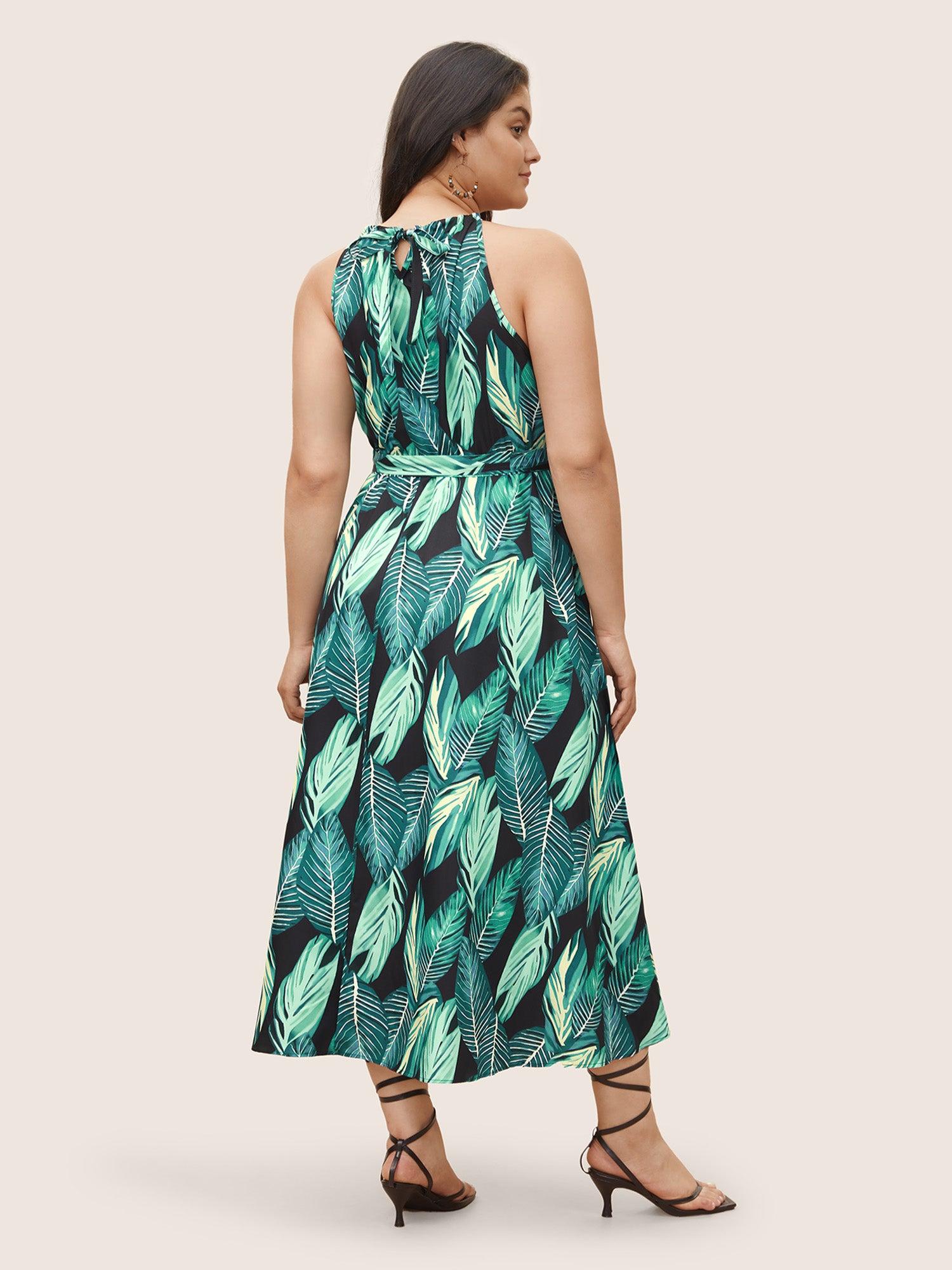 Tropical Print Knotted Pocket Ruffles Belted Halter Dress Female Product Image