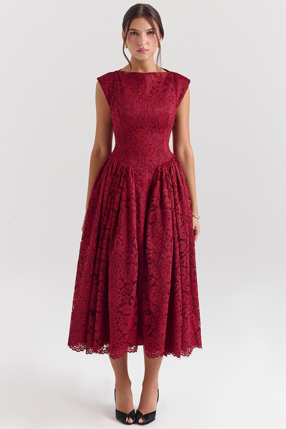 Debutante  berry lace backless midi dress Product Image