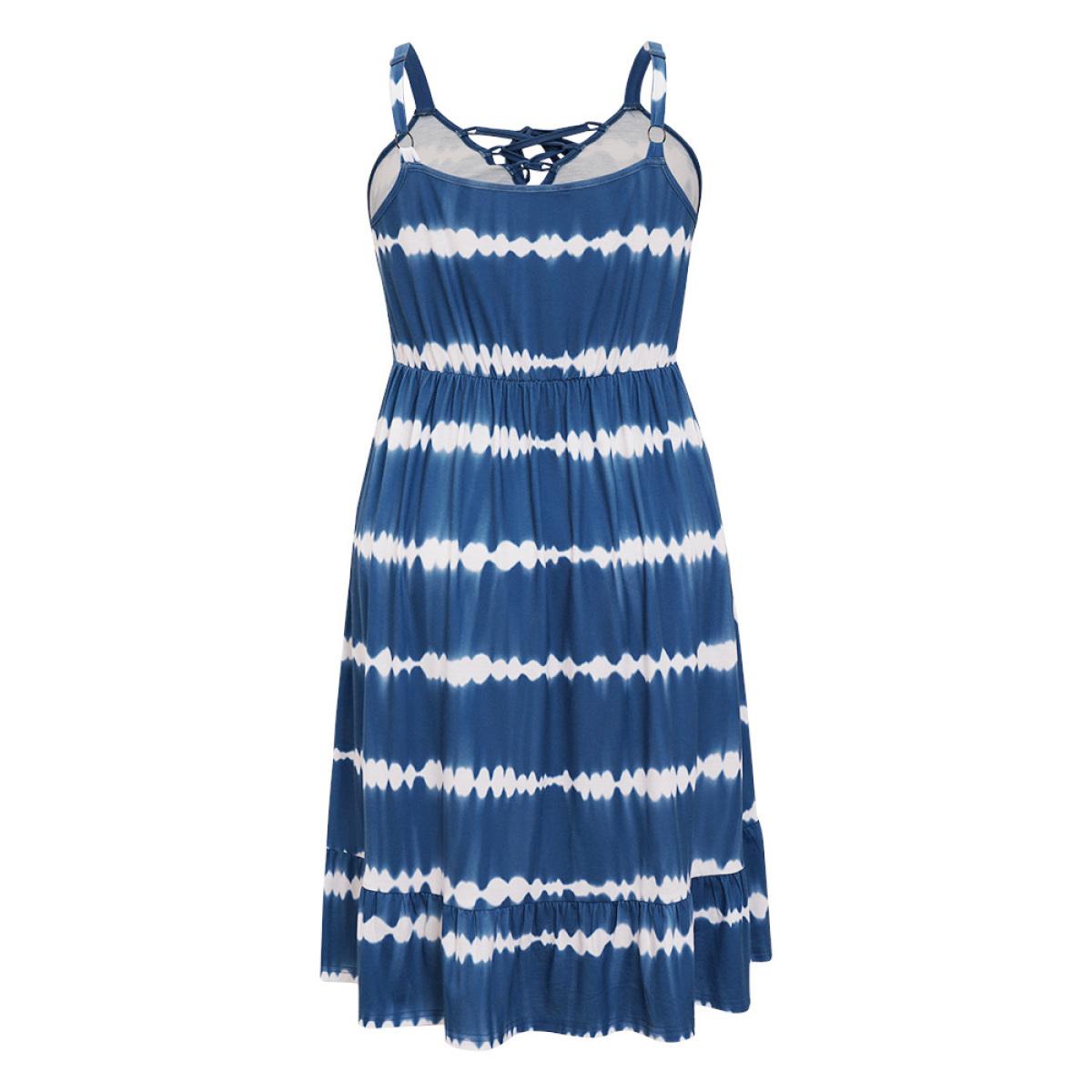 Plus Size Tie Dye Lace Up Pocket Striped Cami Dress Indigo Women Vacation Adjustable Straps Spaghetti Strap Sleeveless Curvy Midi Dress BloomChic 12/L Product Image