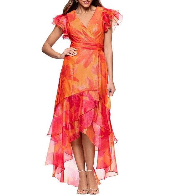 Xscape Organza Floral Print V-Neck Short Sleeve Ruffle A-Line Midi Dress Product Image