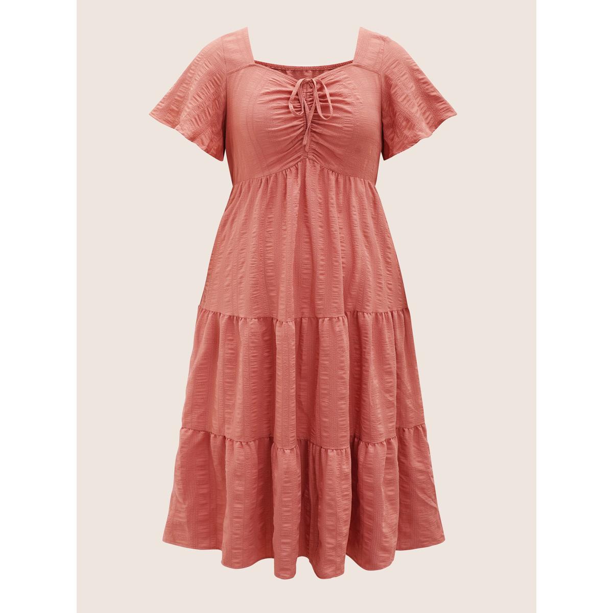 Plus Size Plain Ruched Drawstring Pocket Ruffle Tiered Dress DustyPink Women Elegant Non V-neck Short sleeve Curvy Midi Dress BloomChic 22-24/3X Product Image