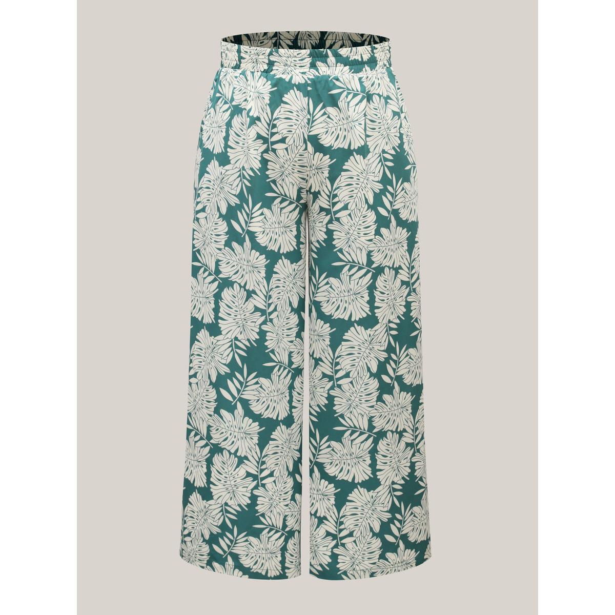 Plus Size Tropical Leaf Pattern Shirred Wide-Leg Pants Women Emerald Resort Wide Leg Mid Rise Vacation Pants BloomChic 26/4X Product Image