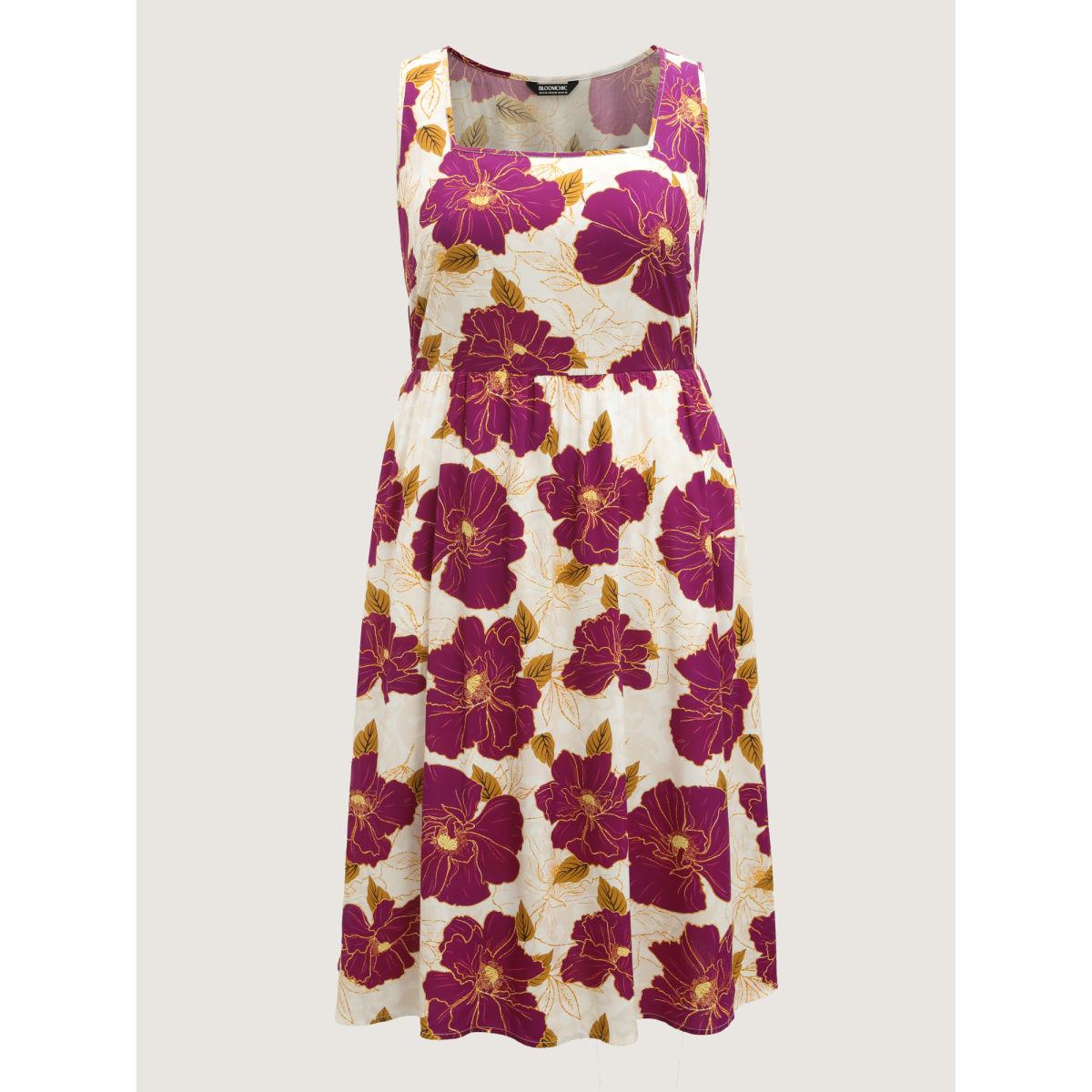 Plus Size Large Floral Print Pockets Midi Dress Peach Women Timeless Square Neck Sleeveless Curvy BloomChic 28/5X Product Image