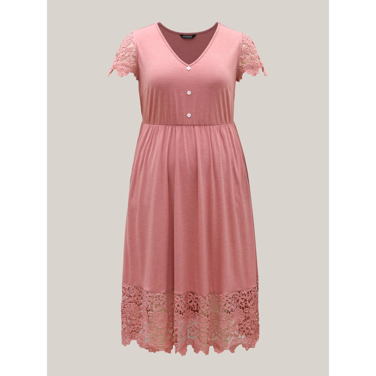 Plus Size Stretchy Waist Lace Pockets Midi Dress DustyPink Women Elegant Woven ribbon&lace trim Knit Dresses Bloomchic 12/L Product Image