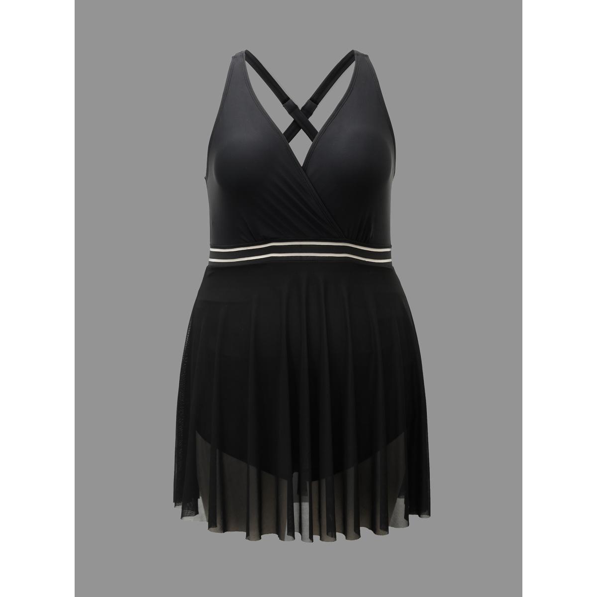 Plus Size Solid Gathered See Through Slit Swim Dress Women's Swimwear Black Beach Bodycon Overlap Collar High stretch Curve Swim Dresses BloomChic 26/4X Product Image