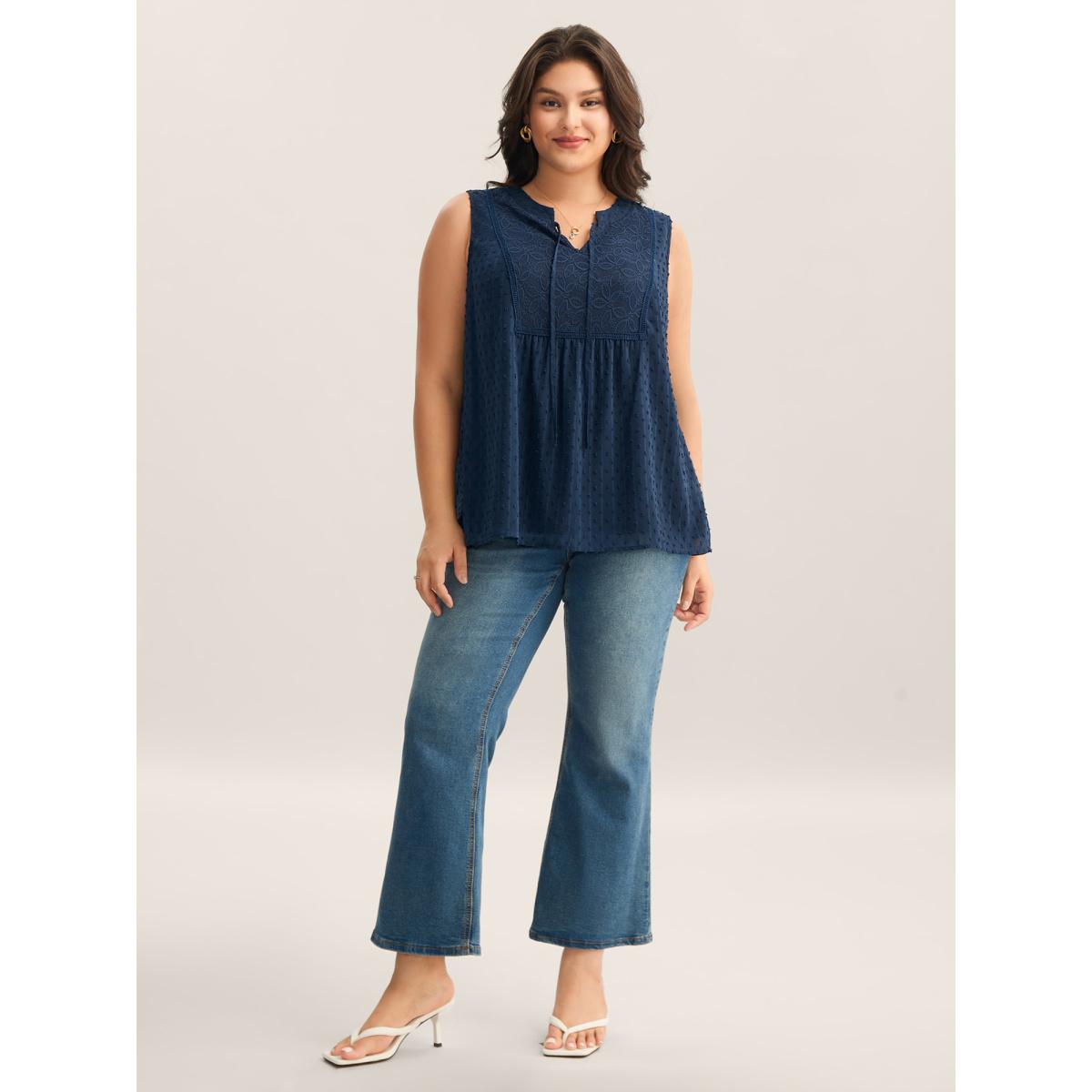 Plus Size Textured Lace Detail Neck Tie Sleeveless Top Women DarkBlue Timeless Woven ribbon&lace trim Flat collar with V-notch Elegant Tank Tops Camis BloomChic 12/L Product Image