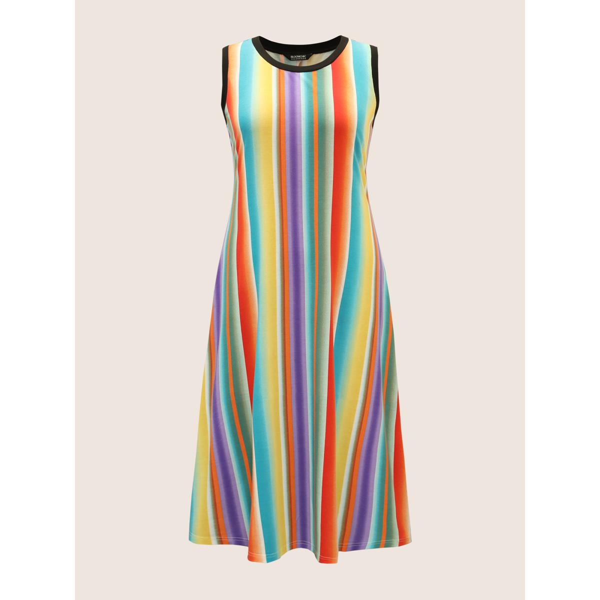 Plus Size Colorful Striped Retro Tank Pocket Dress Multicolor Women Casual Contrast Round Neck Sleeveless Curvy BloomChic 14-16/1X Product Image