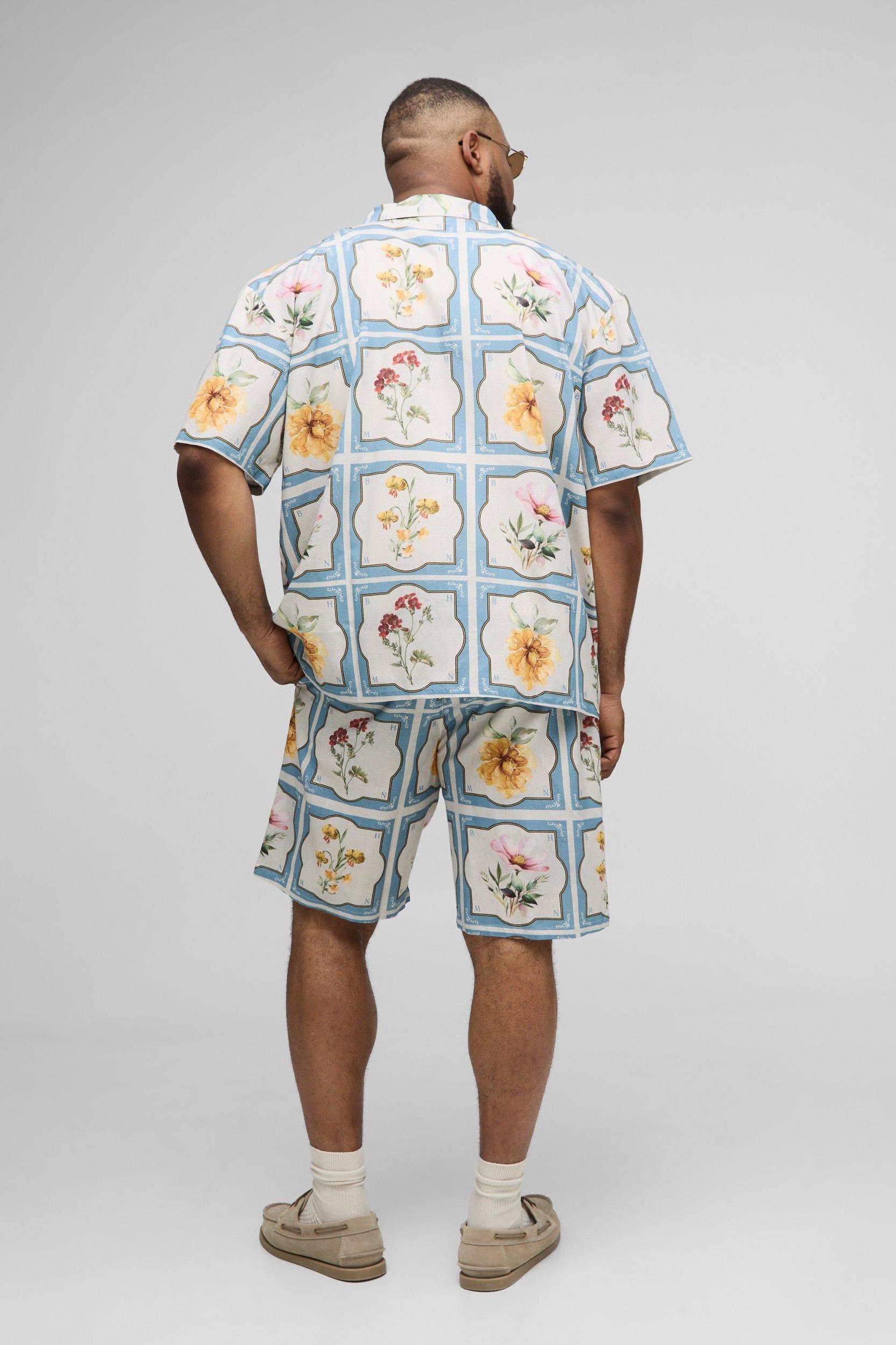 Plus Oversized Floral Linen Blend Shirt & Short Set | boohooMAN USA Product Image