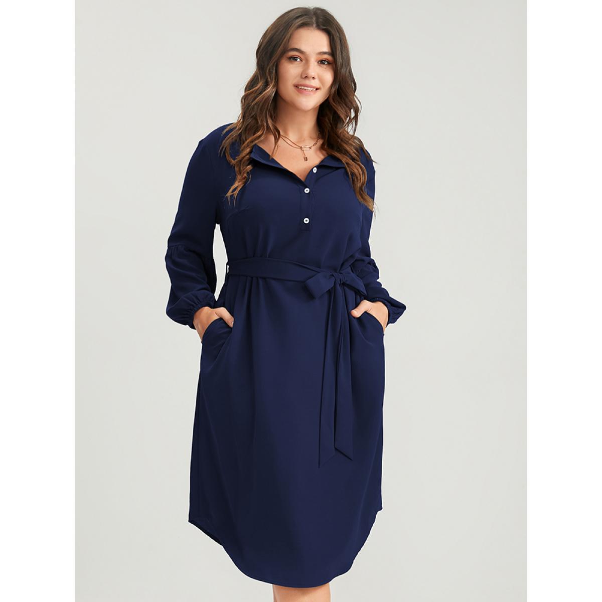 Plus Size Solid Lantern Sleeve Button Pocket Belted Arc Hem Dress Navy Women Office Belted Round Neck Long Sleeve Curvy Midi Dress BloomChic 12/L Product Image