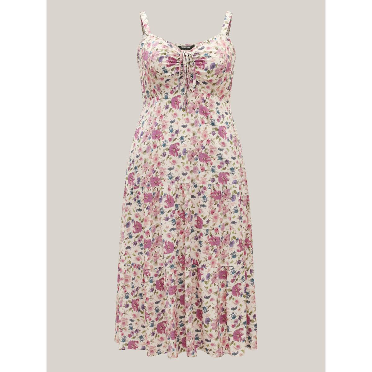 Plus Size Dreamy Floral Rayon Neck Tie Midi Dress Mauve Women Romantic Drawstring V-neck Sleeveless Curvy BloomChic 14-16/1X Product Image