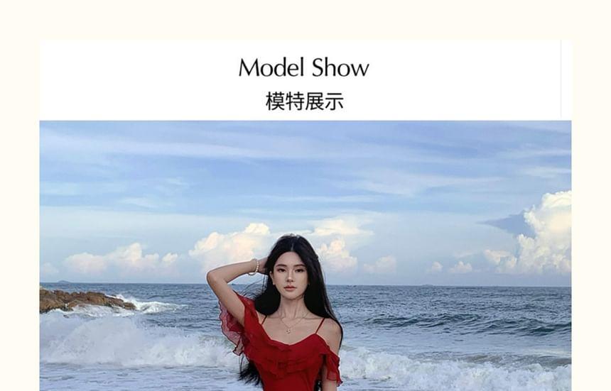 Sleeveless Scoop Neck Plain Ruffle Trim Slit Maxi Sheath Dress Product Image