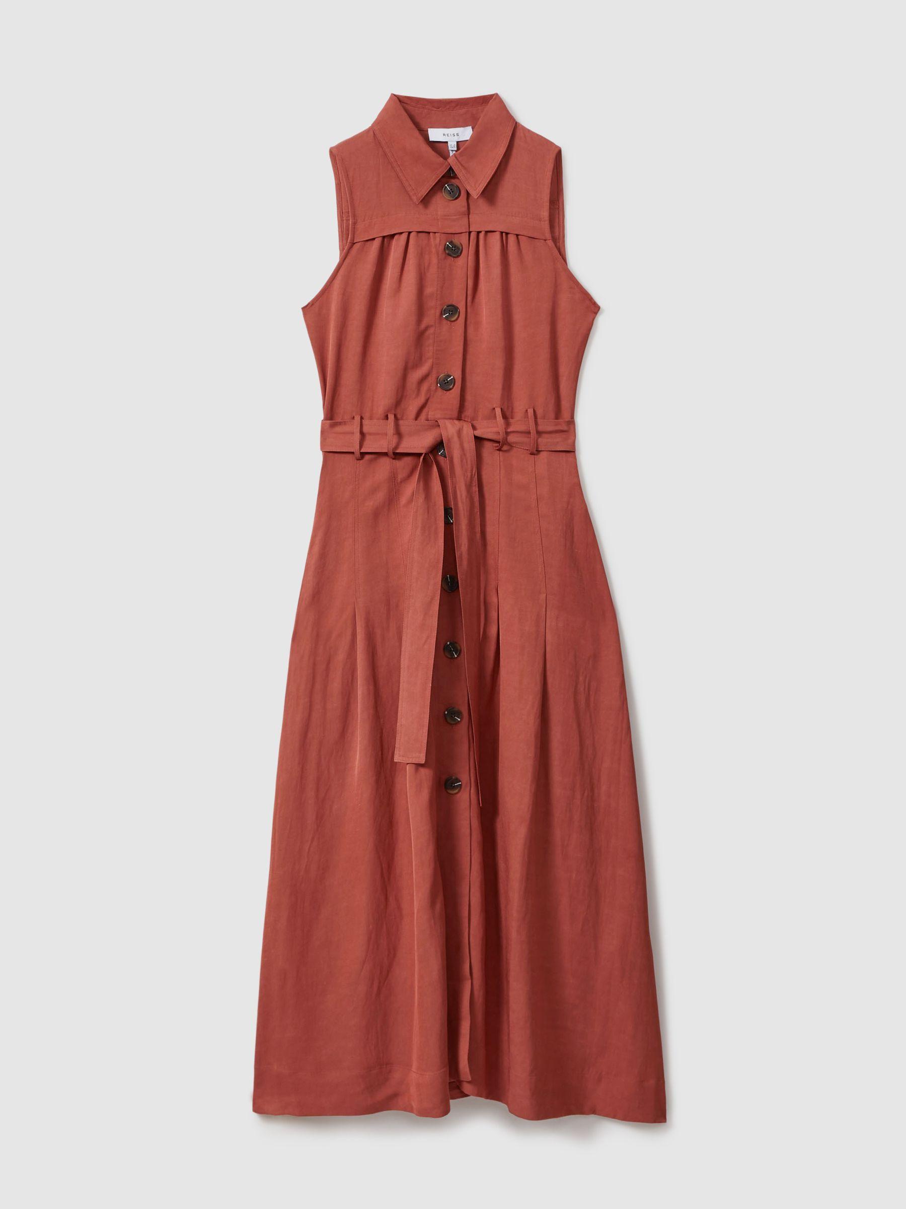 Heidi Rust Viscose-Linen Belted Midi Dress Product Image
