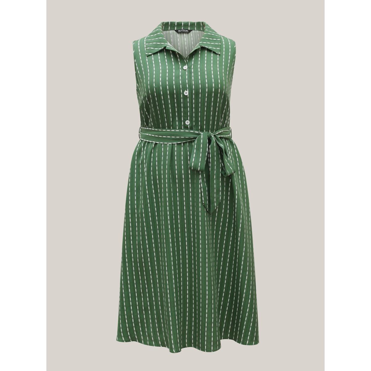 Plus Size Breezy Stripes Belted Pockets Midi Dress Emerald Women Shirt collar Sleeveless Curvy BloomChic 28/5X Product Image