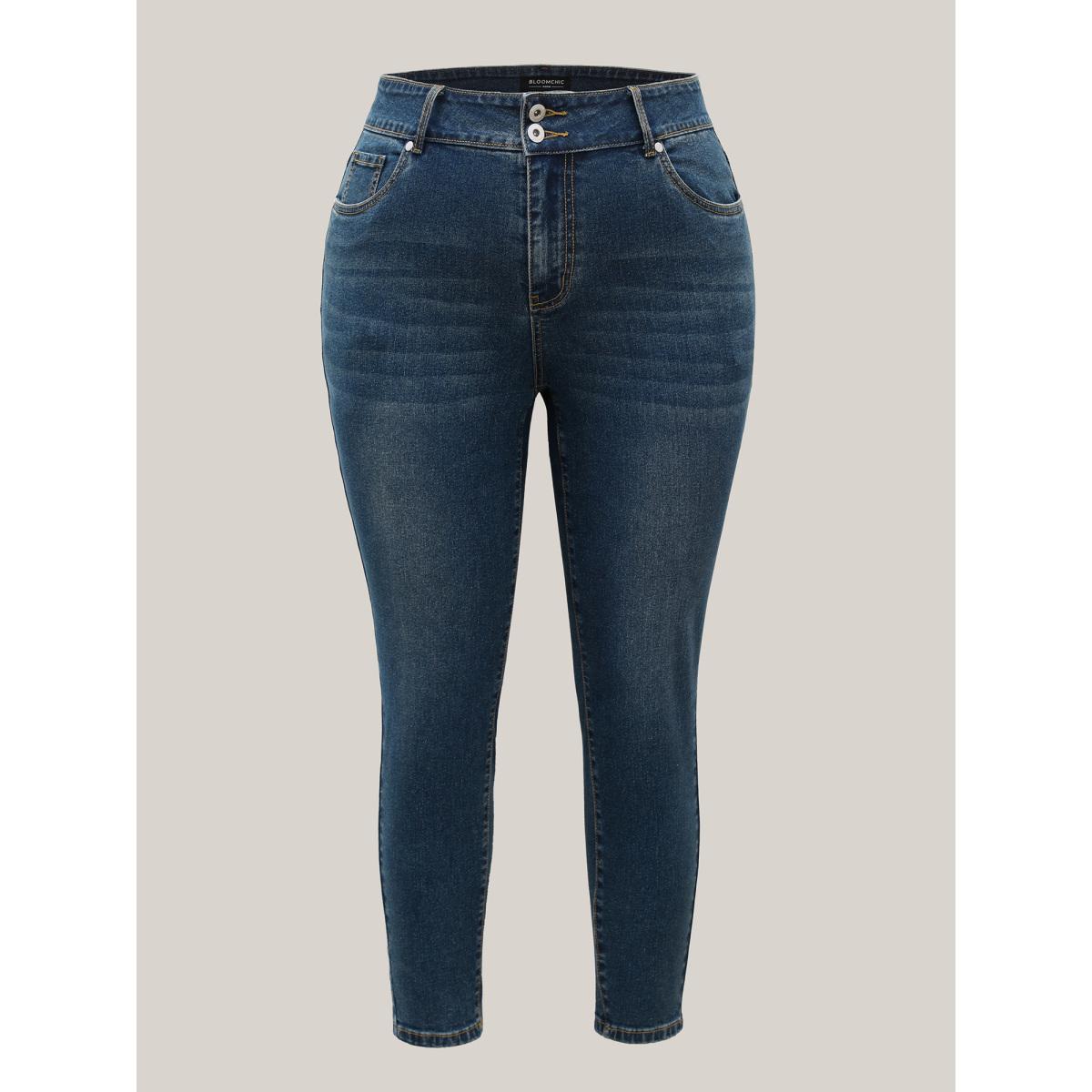 Plus Size Whiskered Wash Mid-Rise Skinny-Fit Jeans Women Denimblue Casual Non High stretch Slanted pocket Jeans BloomChic 22/3X Product Image