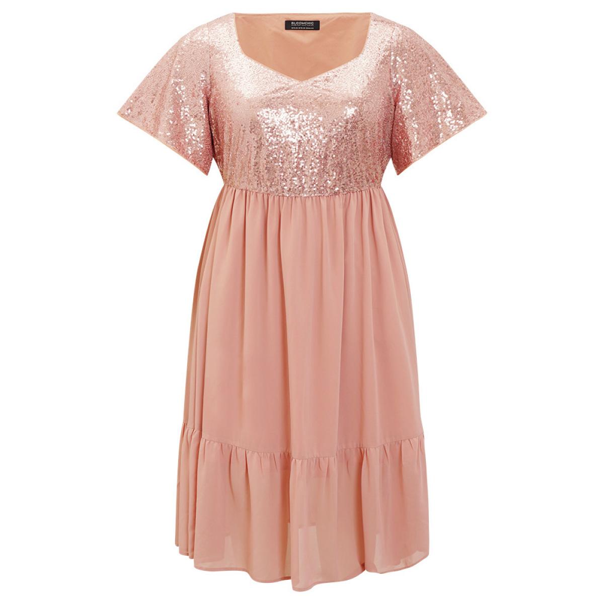 Plus Size Sequin Patchwork Belted Flutter Hem Midi Dress Crepe Women Party Lined V-neck Short sleeve Curvy Midi Dress BloomChic 12/L Product Image