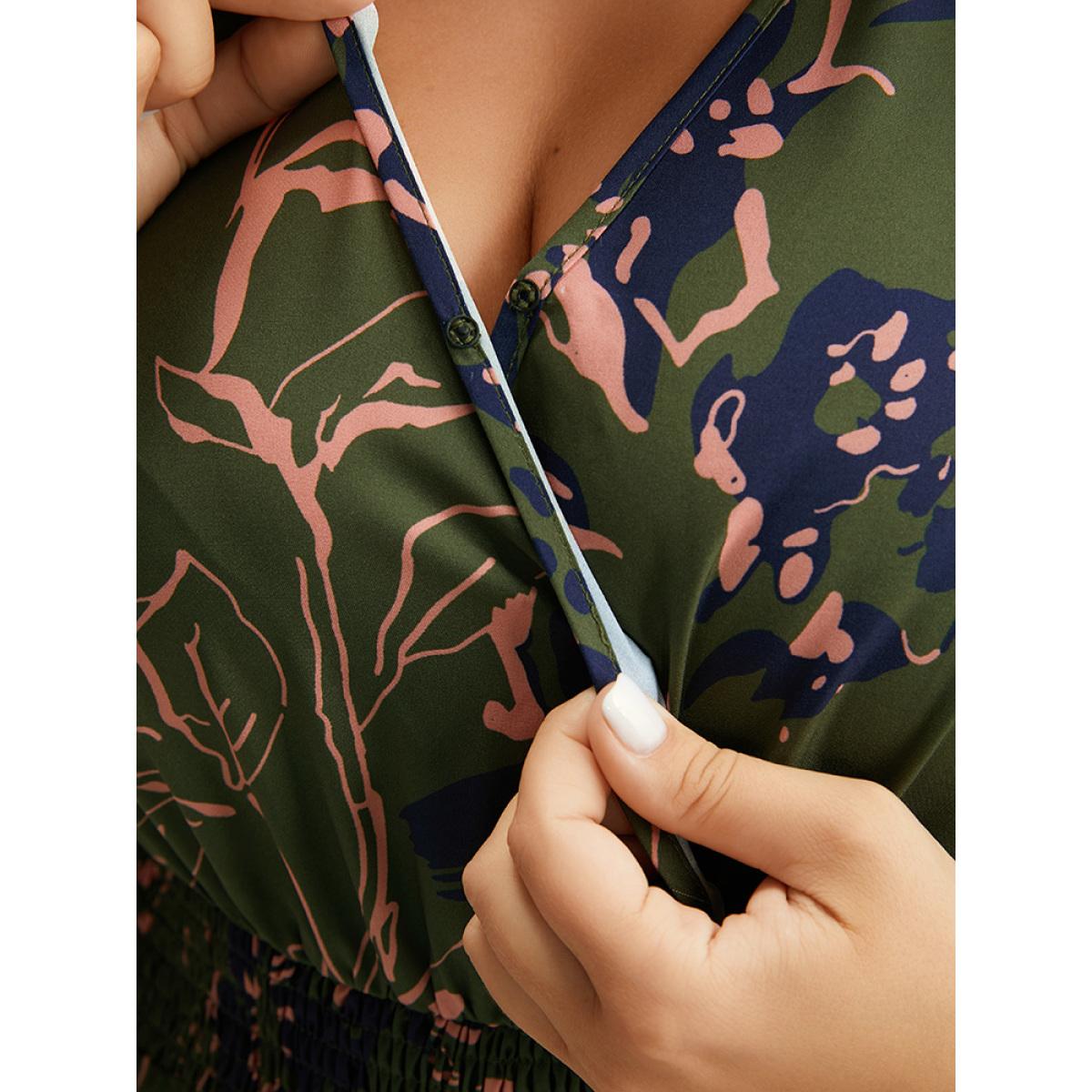 Plus Size Moss Silhouette Floral Print Shirred Elastic Cuffs Jumpsuit Women Resort Long Sleeve V-neck Vacation Loose Jumpsuits BloomChic 12/L Product Image