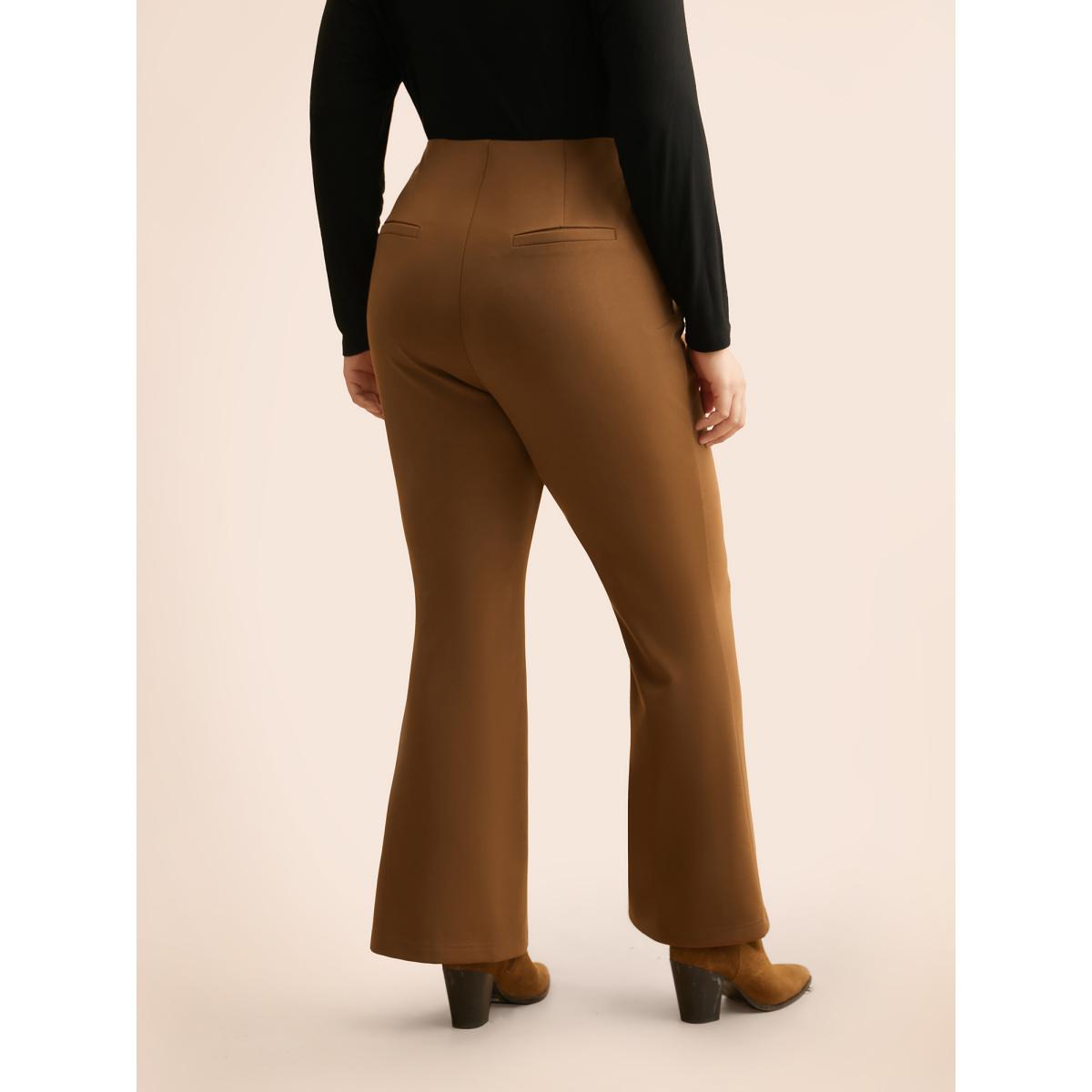 Plus Size Solid Seam Detail Flare Leg Pants Women Yellowishbrown Elegant Flare Leg Mid Rise Everyday Pants BloomChic 30/6X Product Image