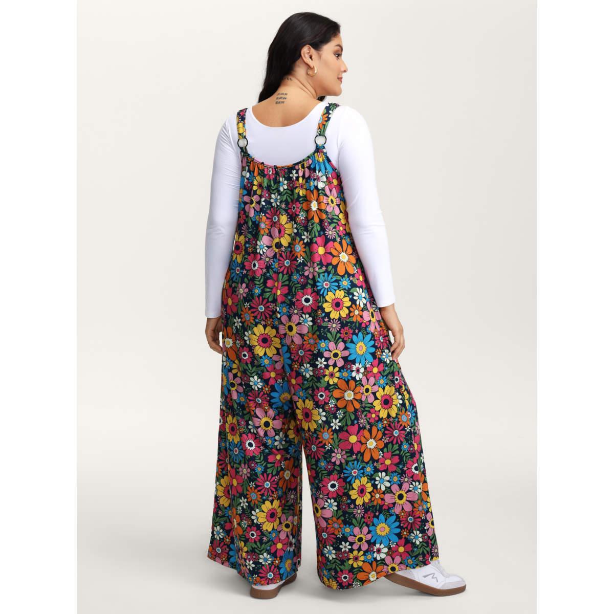 Plus Size DarkBlue Colorful Floral Pockets Knit Jumpsuit Women Playful Sleeveless Square Neck Casual Loose Jumpsuits BloomChic 26/4X Product Image