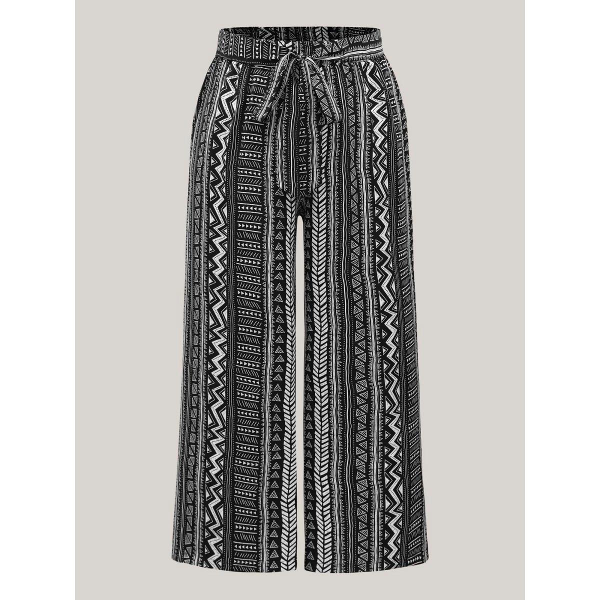 Plus Size Waist-Tie Wide-Leg Boho Print Pants Women Black Casual Wide Leg Mid Rise Everyday-Casual Pants BloomChic 28/5X Product Image