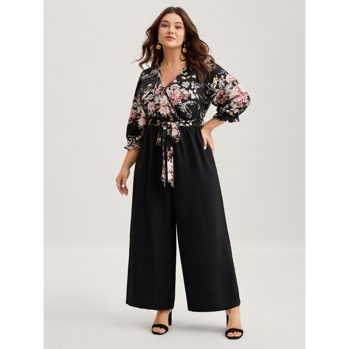 Plus Size Black Floral Contrast Belted Wide-Leg Jumpsuit Women Romantic Elbow-length sleeve Overlap Collar Elegant Loose Jumpsuits BloomChic 22-24/3X Product Image