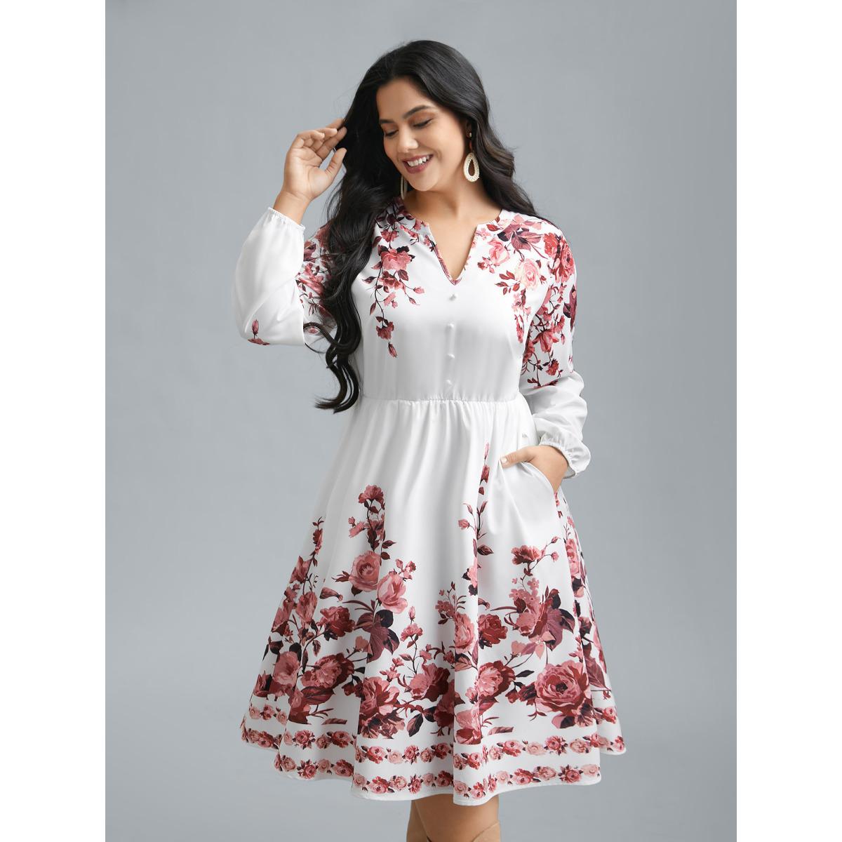 Plus Size Boho Print Lantern Sleeve Button Detail Dress Rosered Women Resort Button Flat collar with V-notch Long Sleeve Curvy BloomChic 10/M Product Image