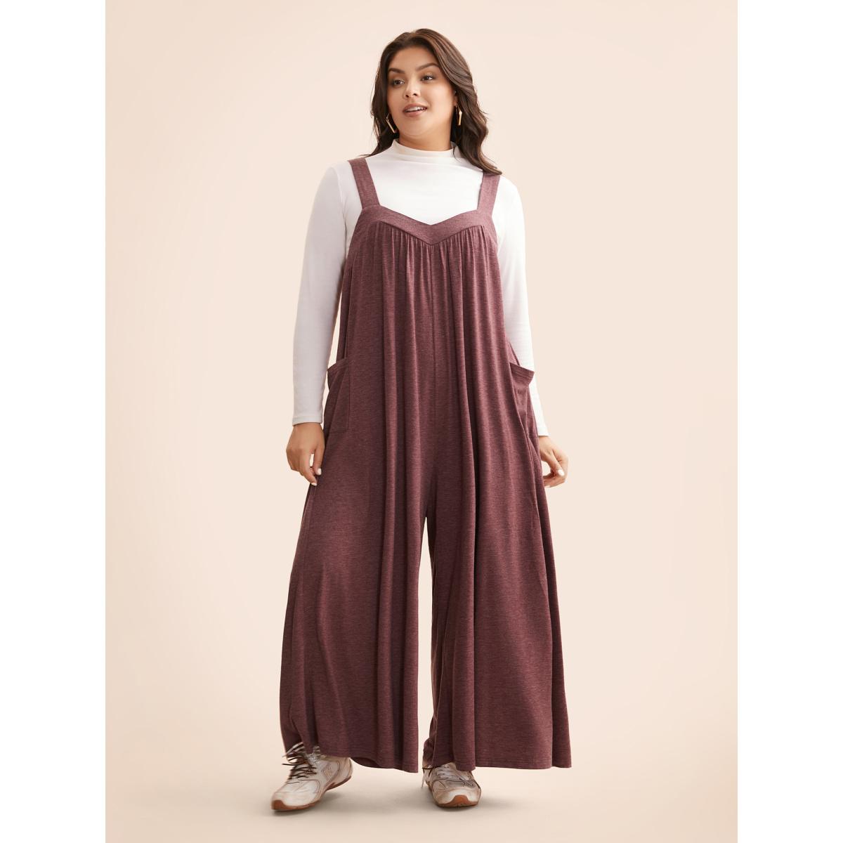 Plus Size Burgundy Heather Gathered Loose-Fit Jumpsuit Women Casual Sleeveless Heart neckline Everyday Loose Jumpsuits BloomChic 12/L Product Image