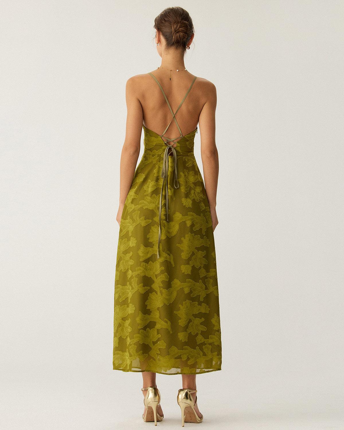 Green Floral Ruched Backless Slip Maxi Dress Product Image