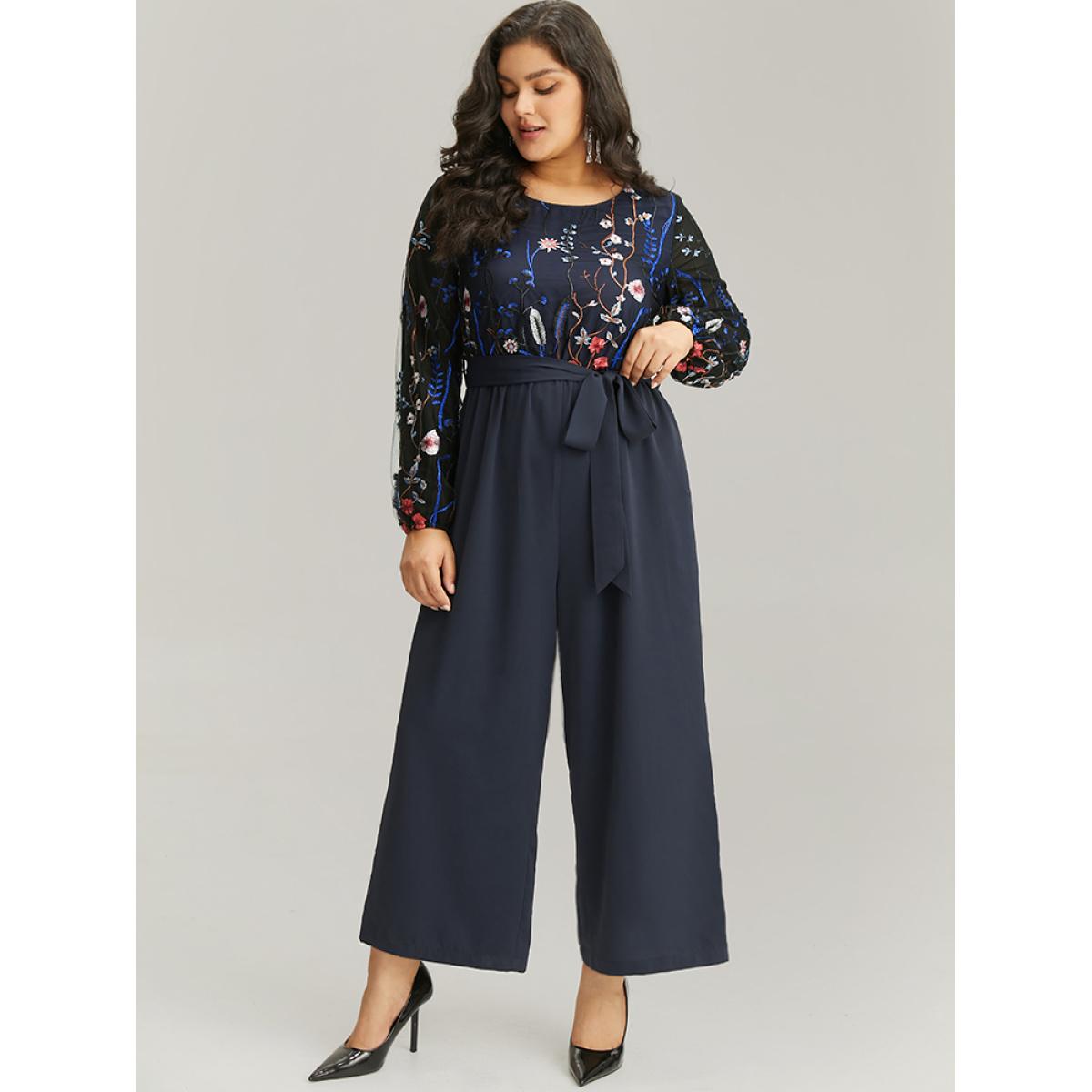 Plus Size Indigo Halloween Floral Embroidered Belted Lantern Sleeve Jumpsuit Women Glamour Long Sleeve Round Neck Festival-Halloween Loose Jumpsuits BloomChic 26/4X Product Image