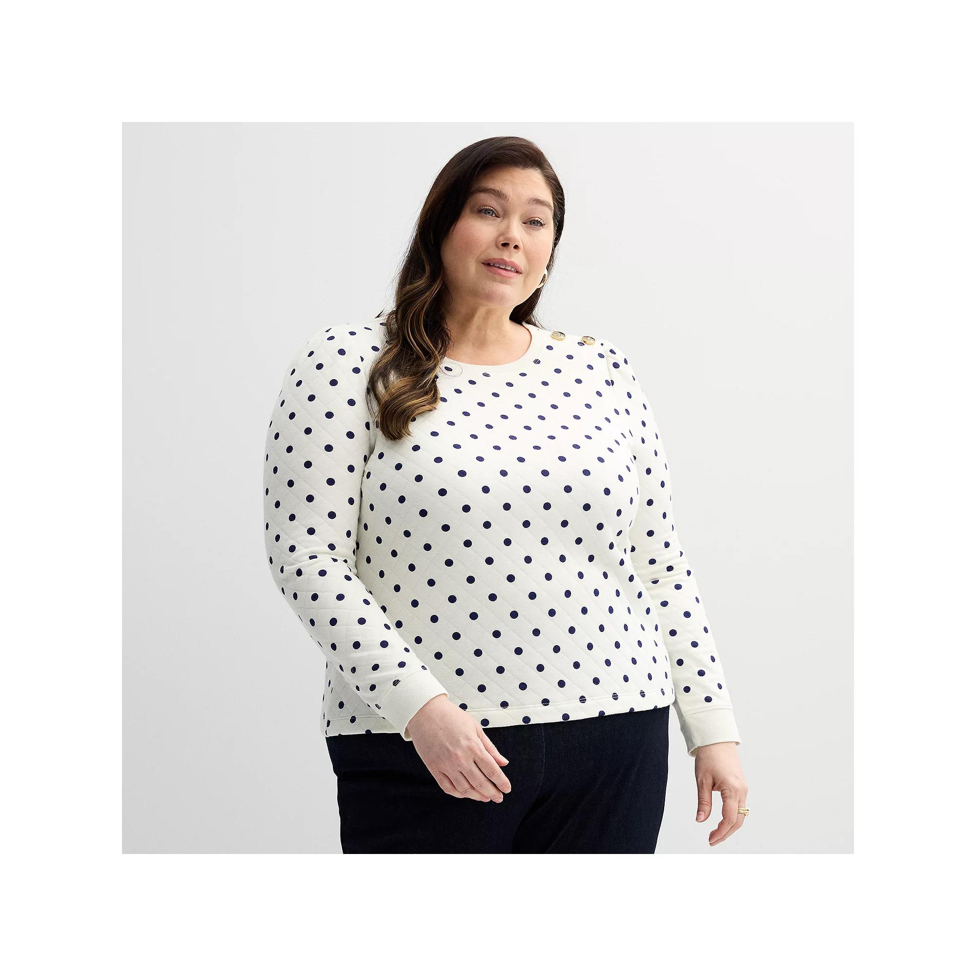 Plus Size Croft & Barrow® Button Shoulder Sweatshirt, Women's, Size: 4XL, Ivory Chic Dot Product Image